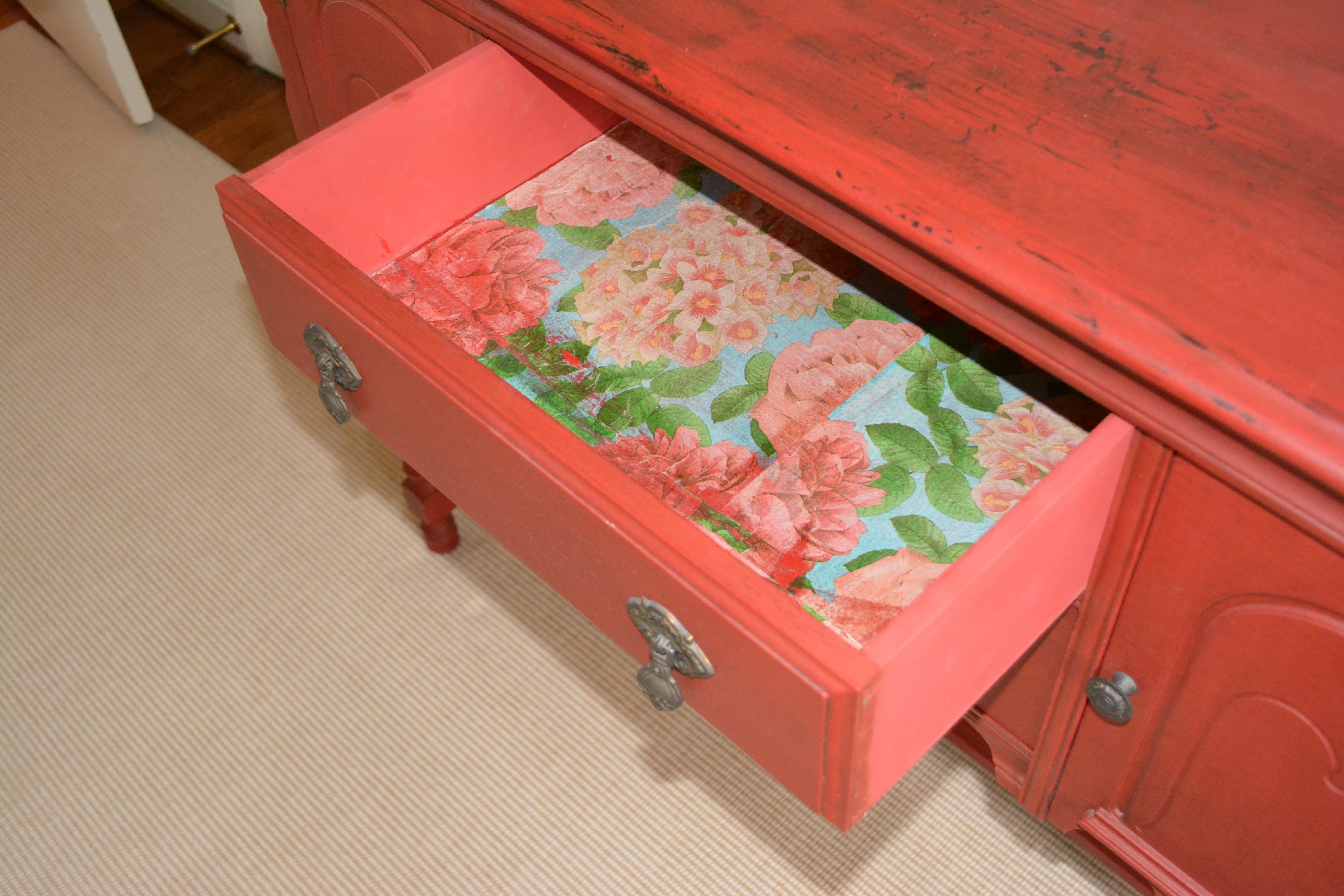 Vintage Red Painted Wood Sideboard