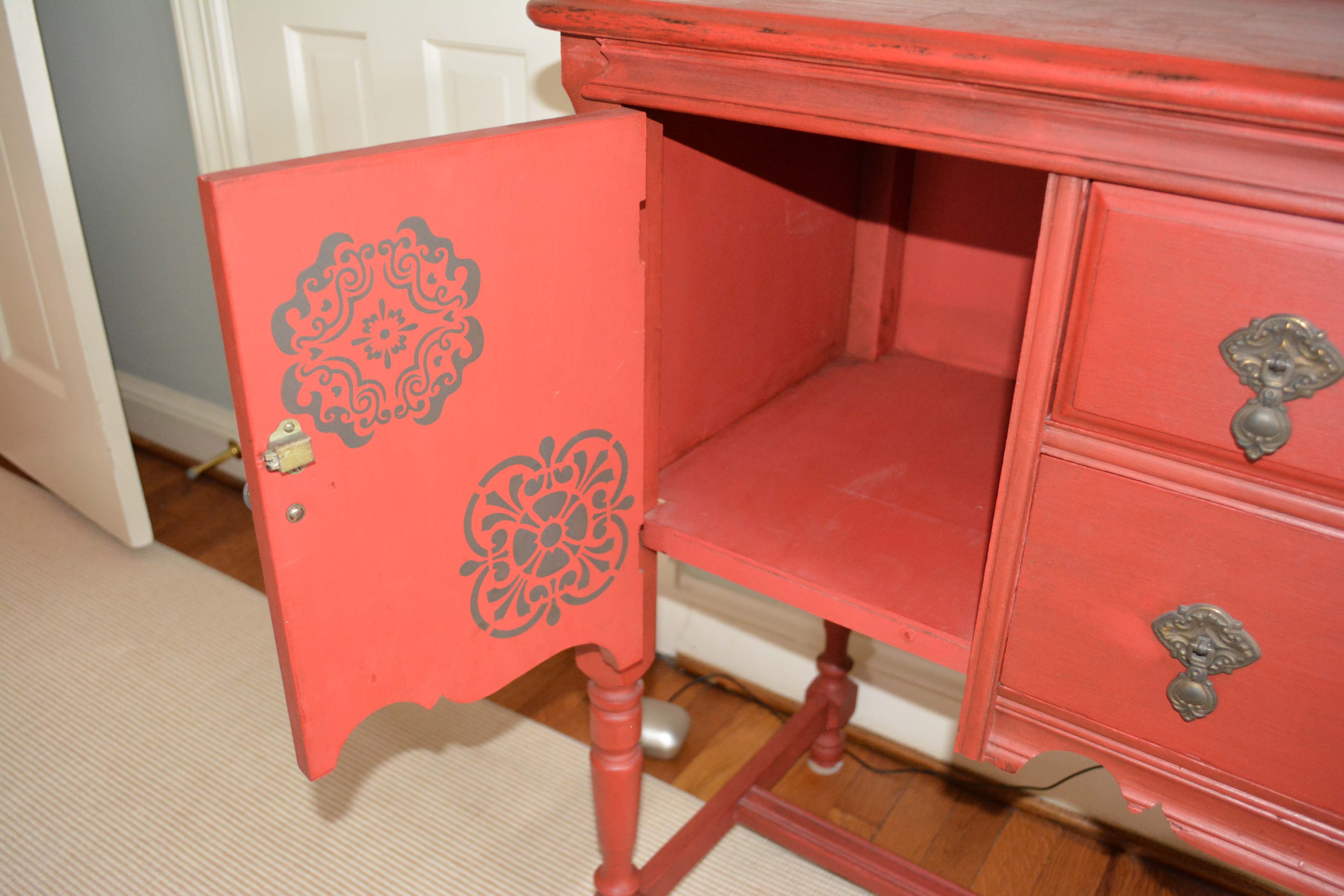 Vintage Red Painted Wood Sideboard