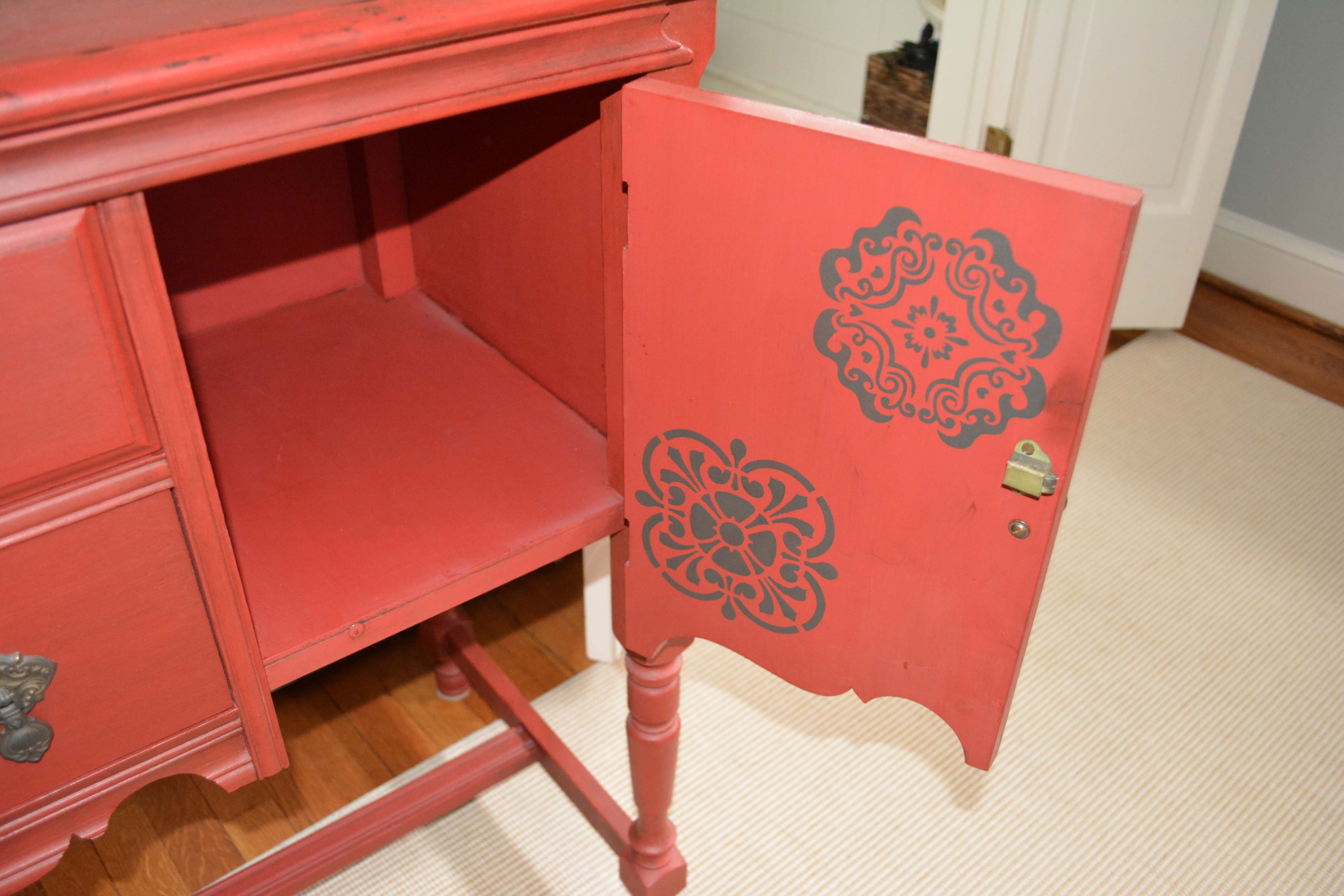 Vintage Red Painted Wood Sideboard