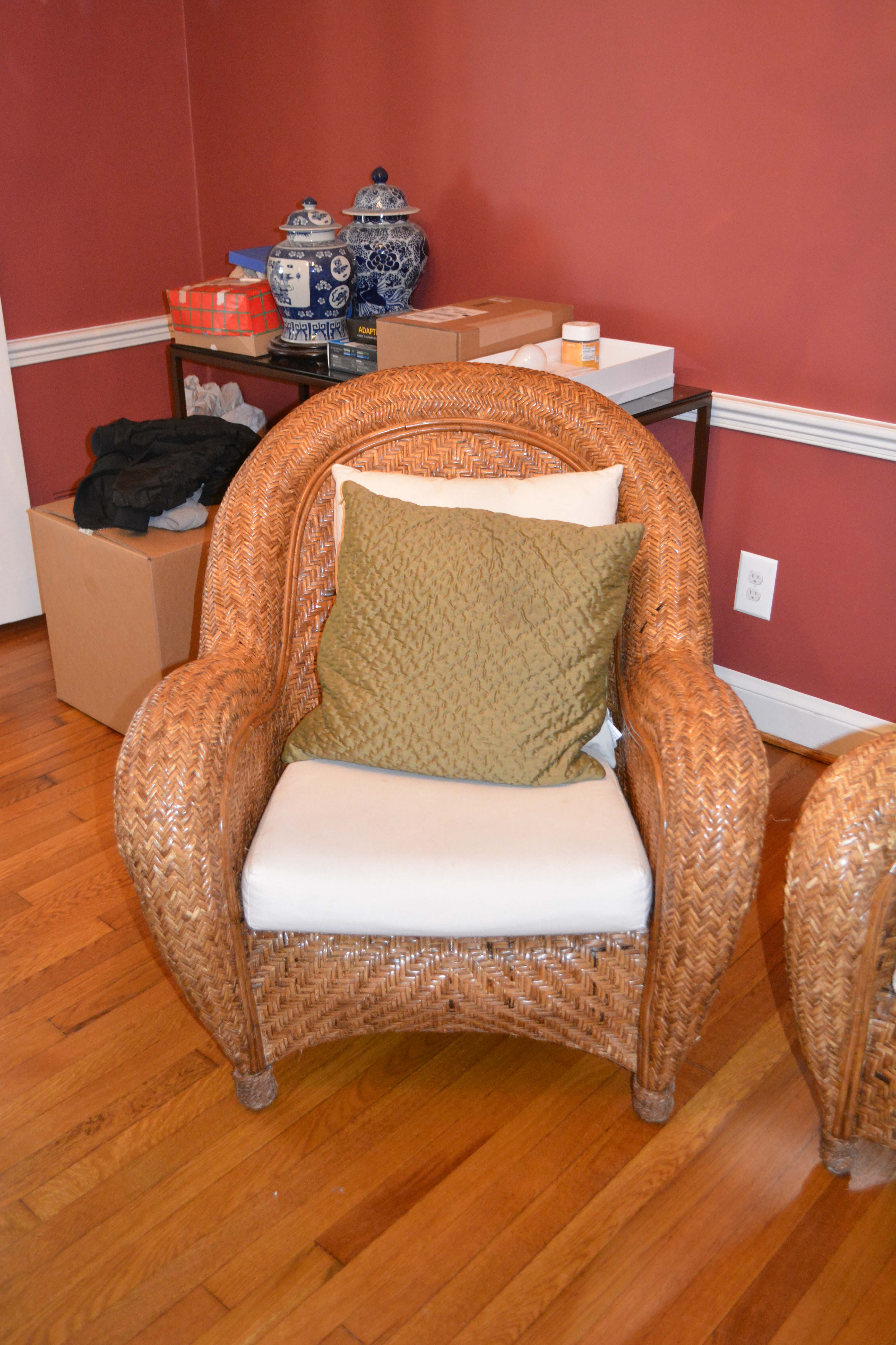 Pair of Rattan Chairs with Four Pottery Barn Pillows
