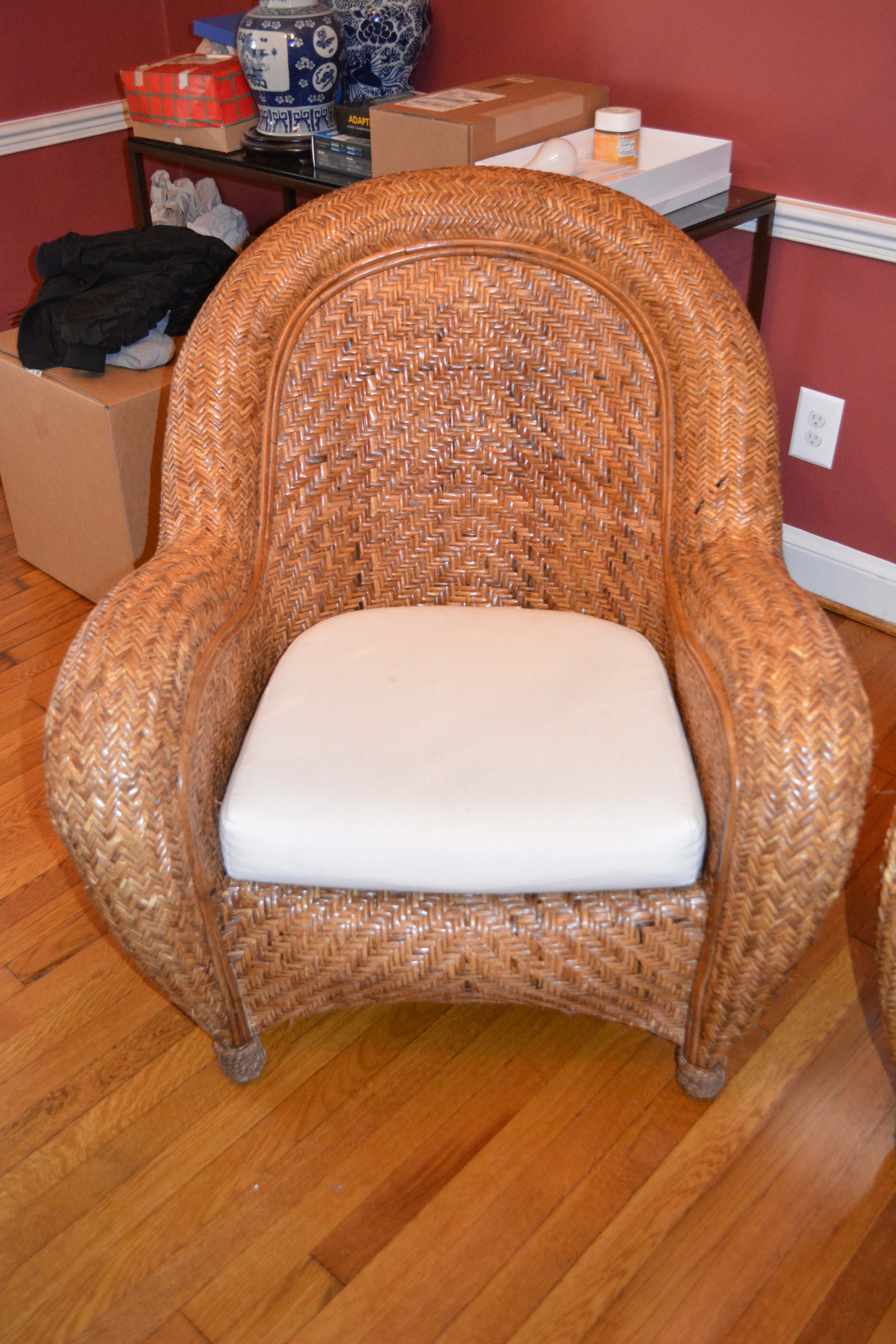 Pair of Rattan Chairs with Four Pottery Barn Pillows