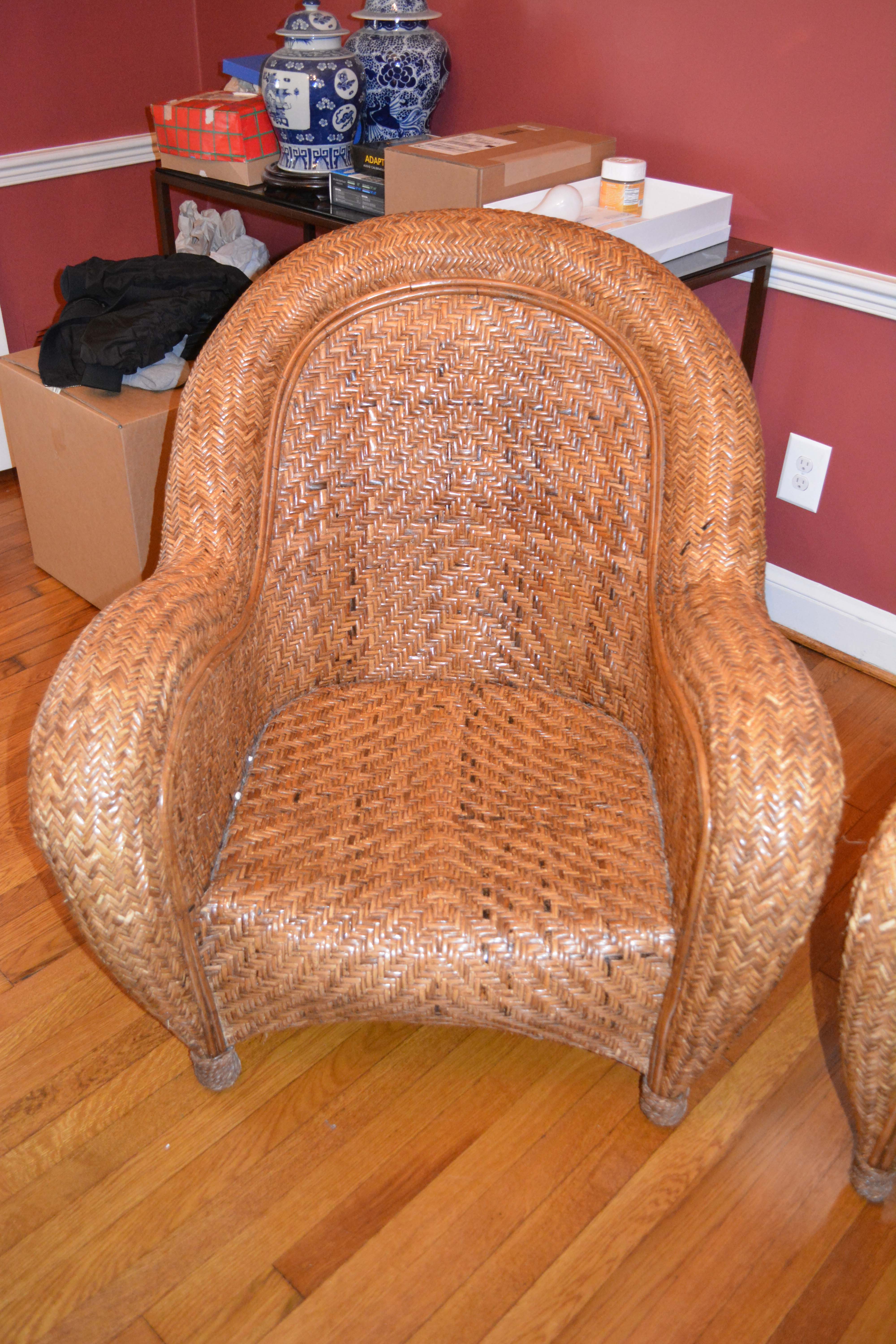 Pair of Rattan Chairs with Four Pottery Barn Pillows