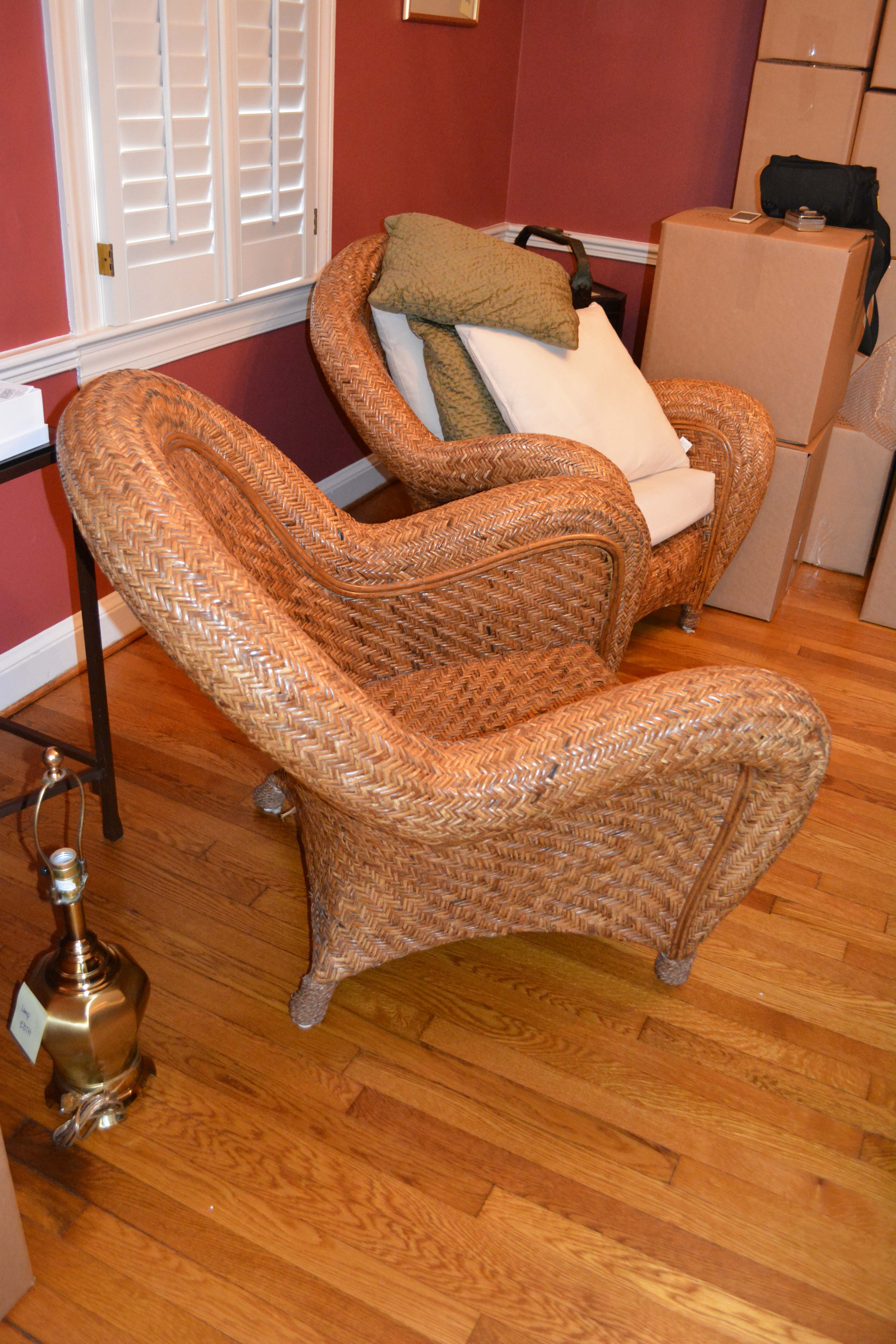 Pair of Rattan Chairs with Four Pottery Barn Pillows