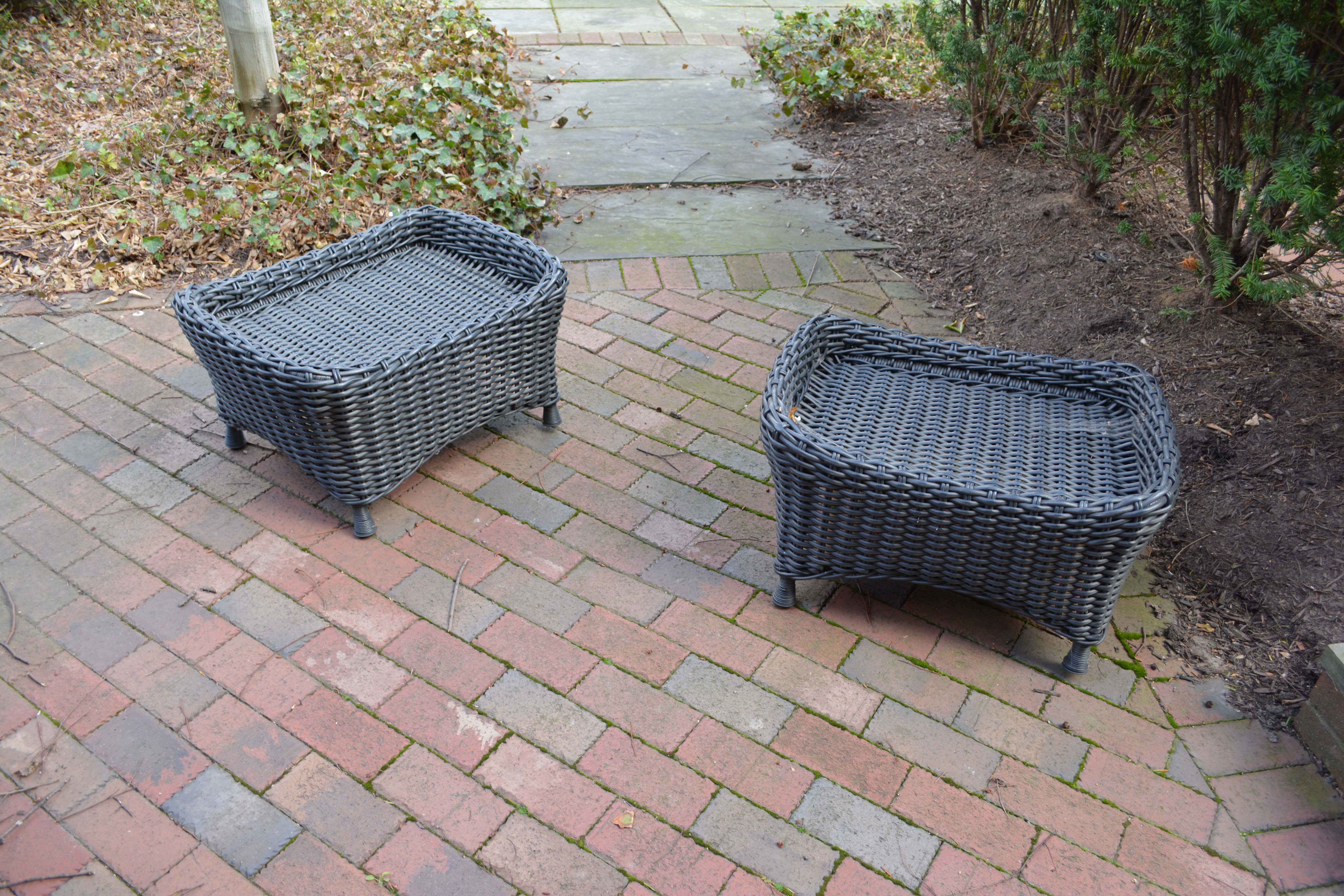 Black Plastic Wicker Sofa and Two Ottomans