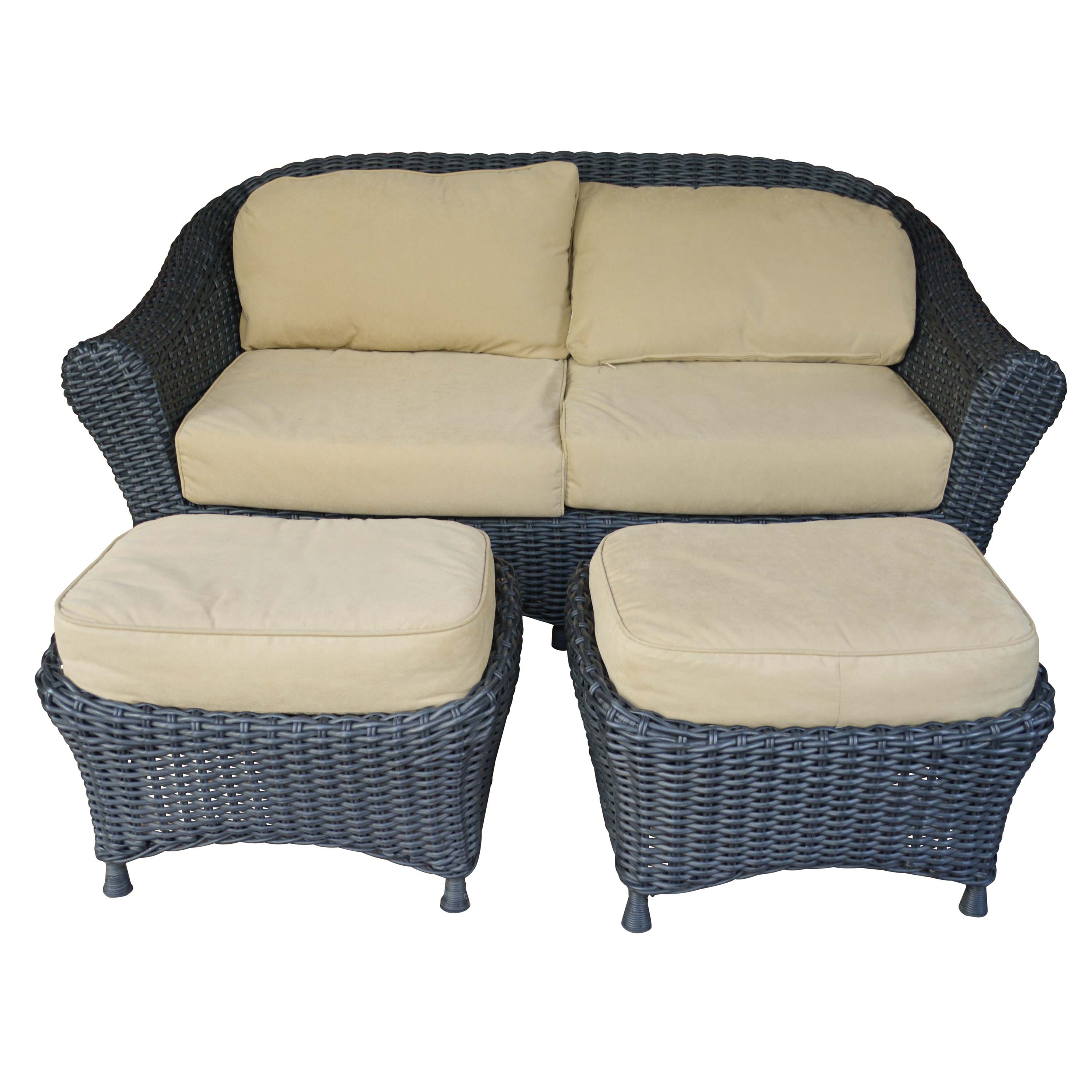 Black Plastic Wicker Sofa and Two Ottomans