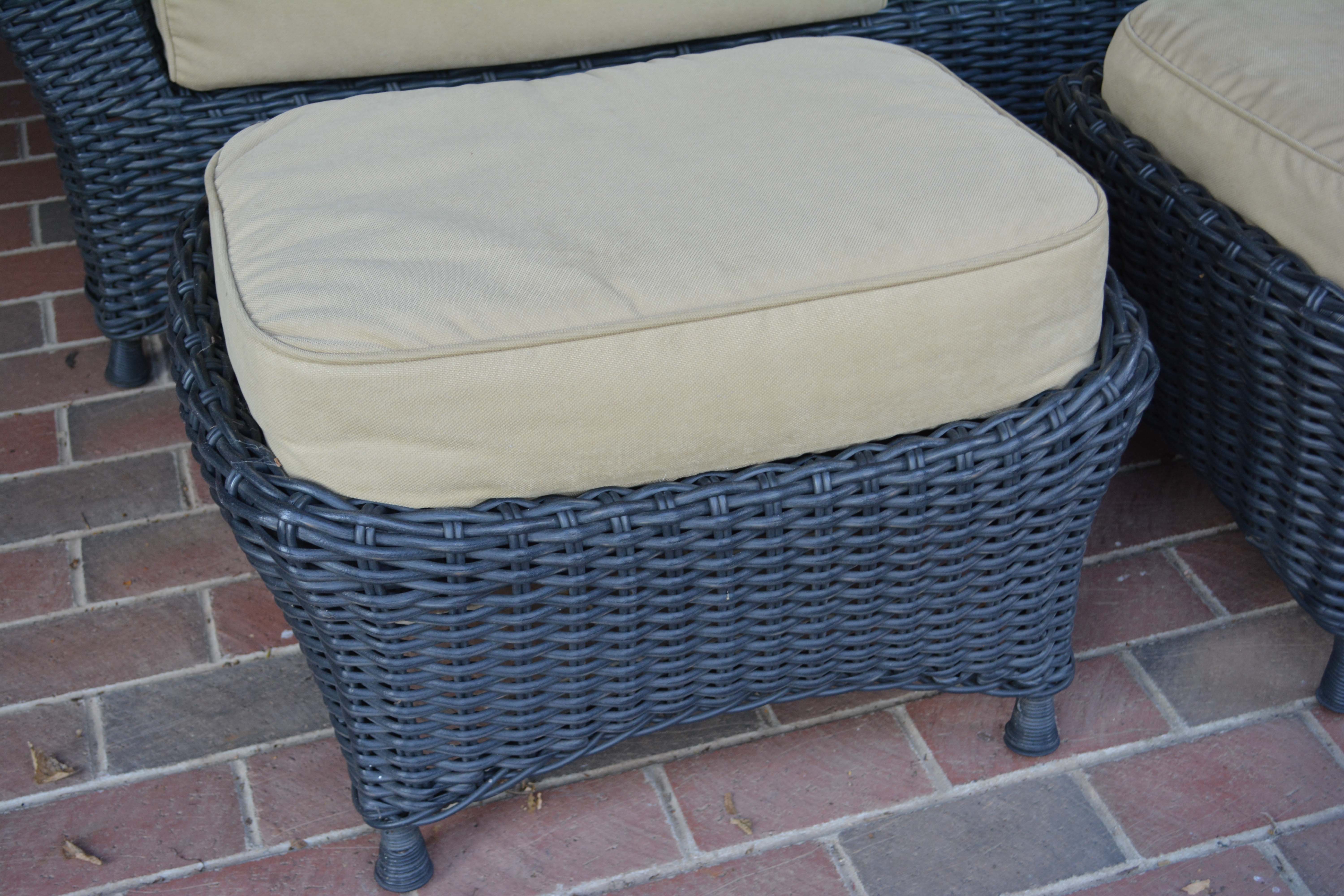 Black Plastic Wicker Sofa and Two Ottomans