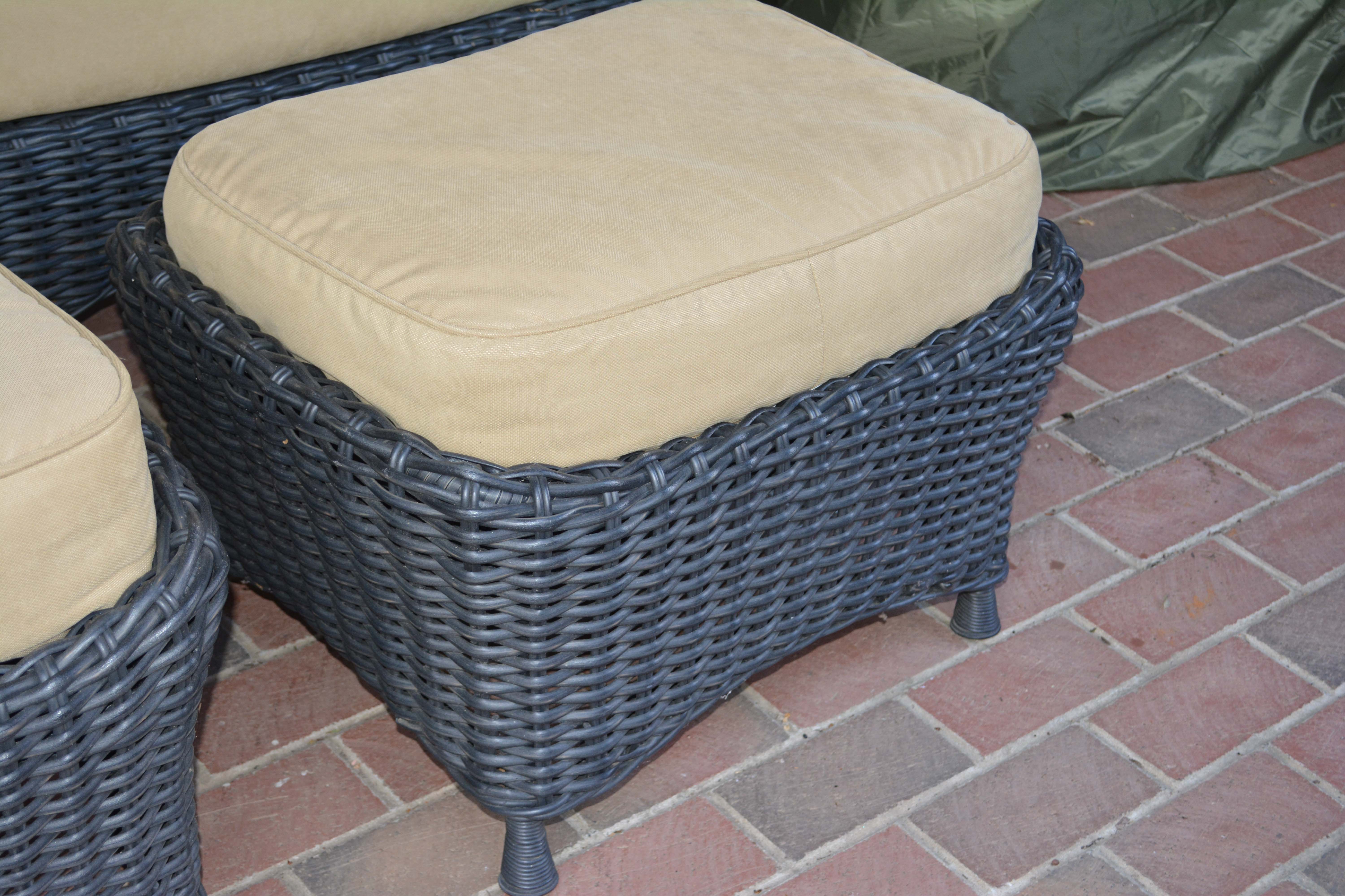 Black Plastic Wicker Sofa and Two Ottomans