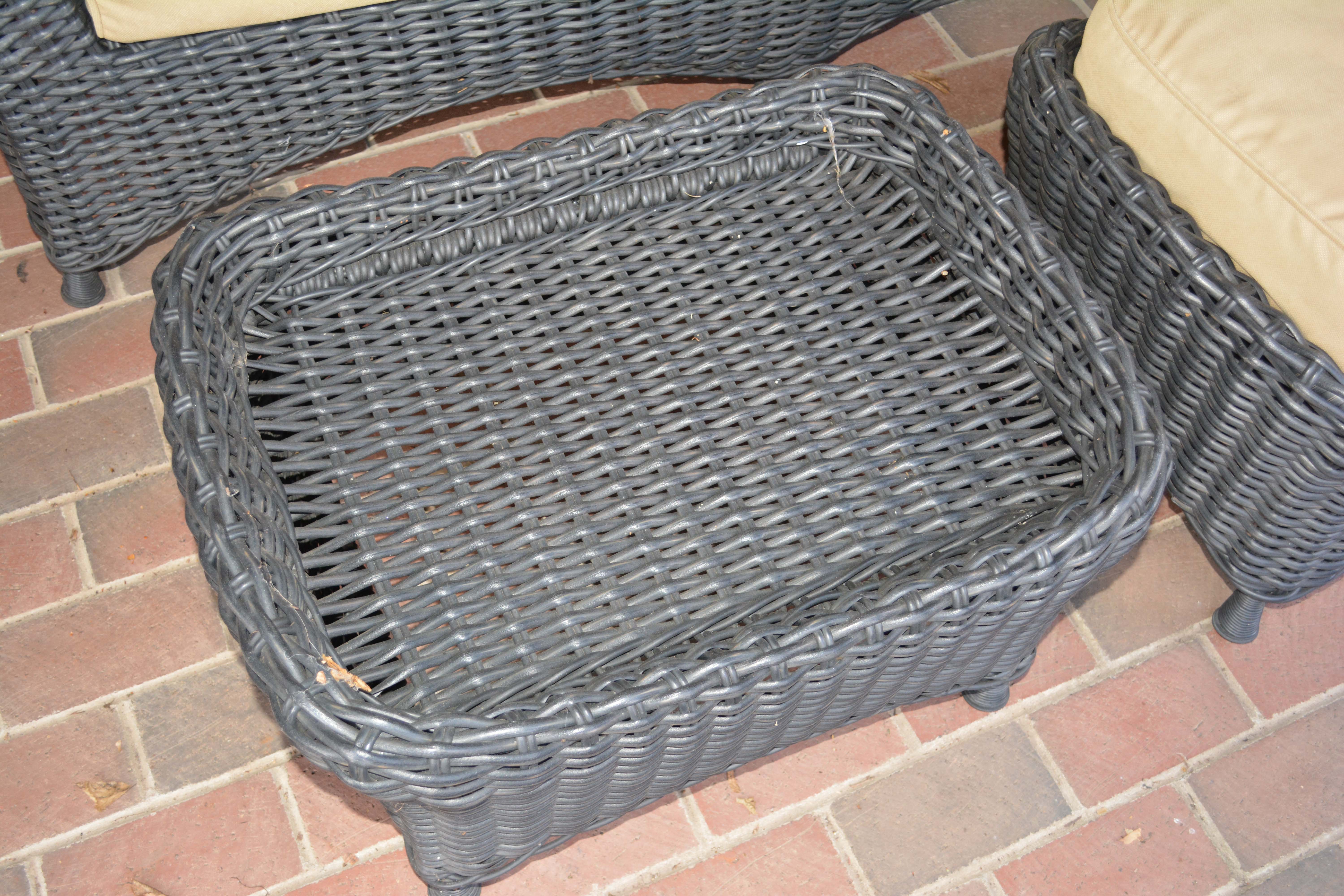 Black Plastic Wicker Sofa and Two Ottomans