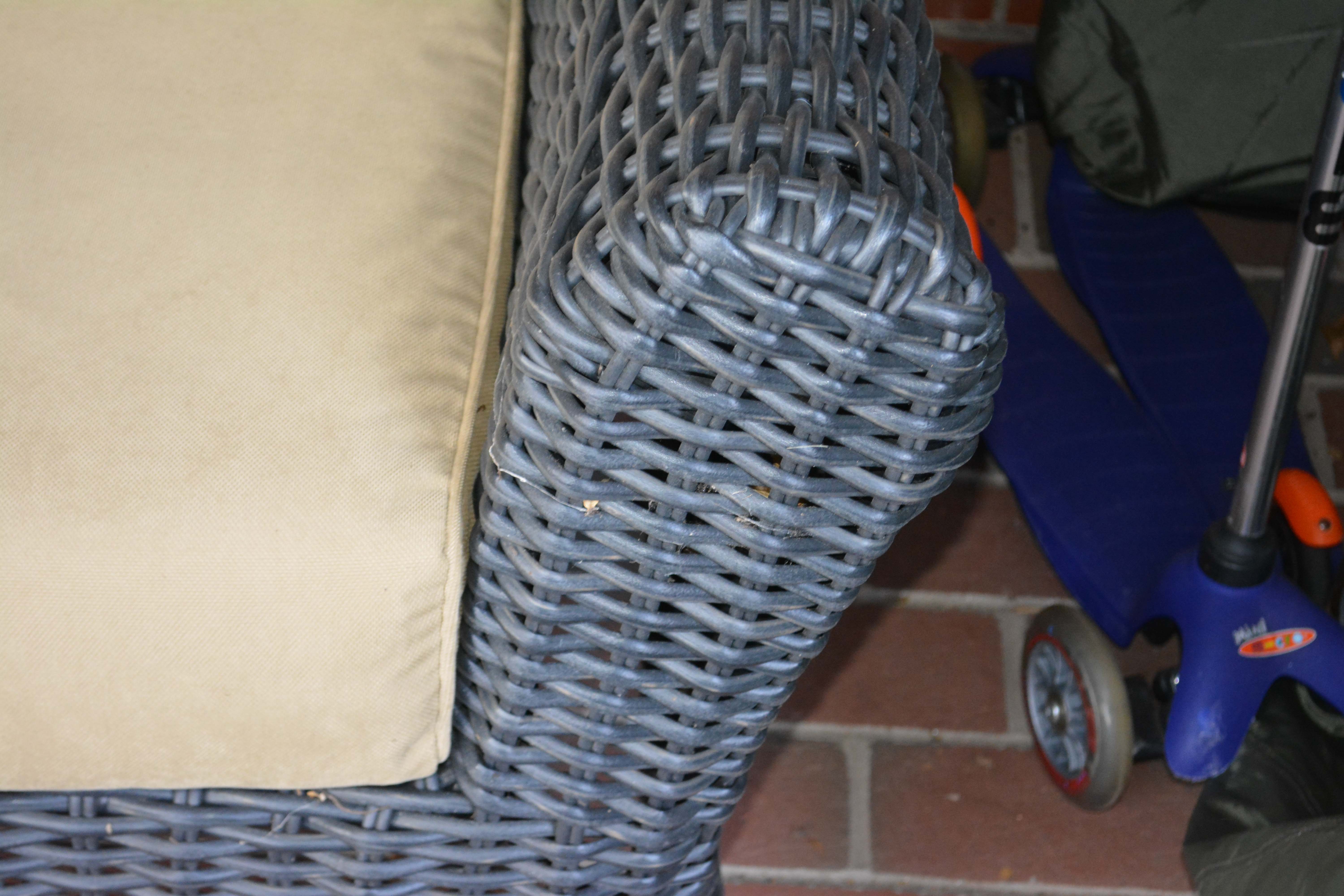 Black Plastic Wicker Sofa and Two Ottomans