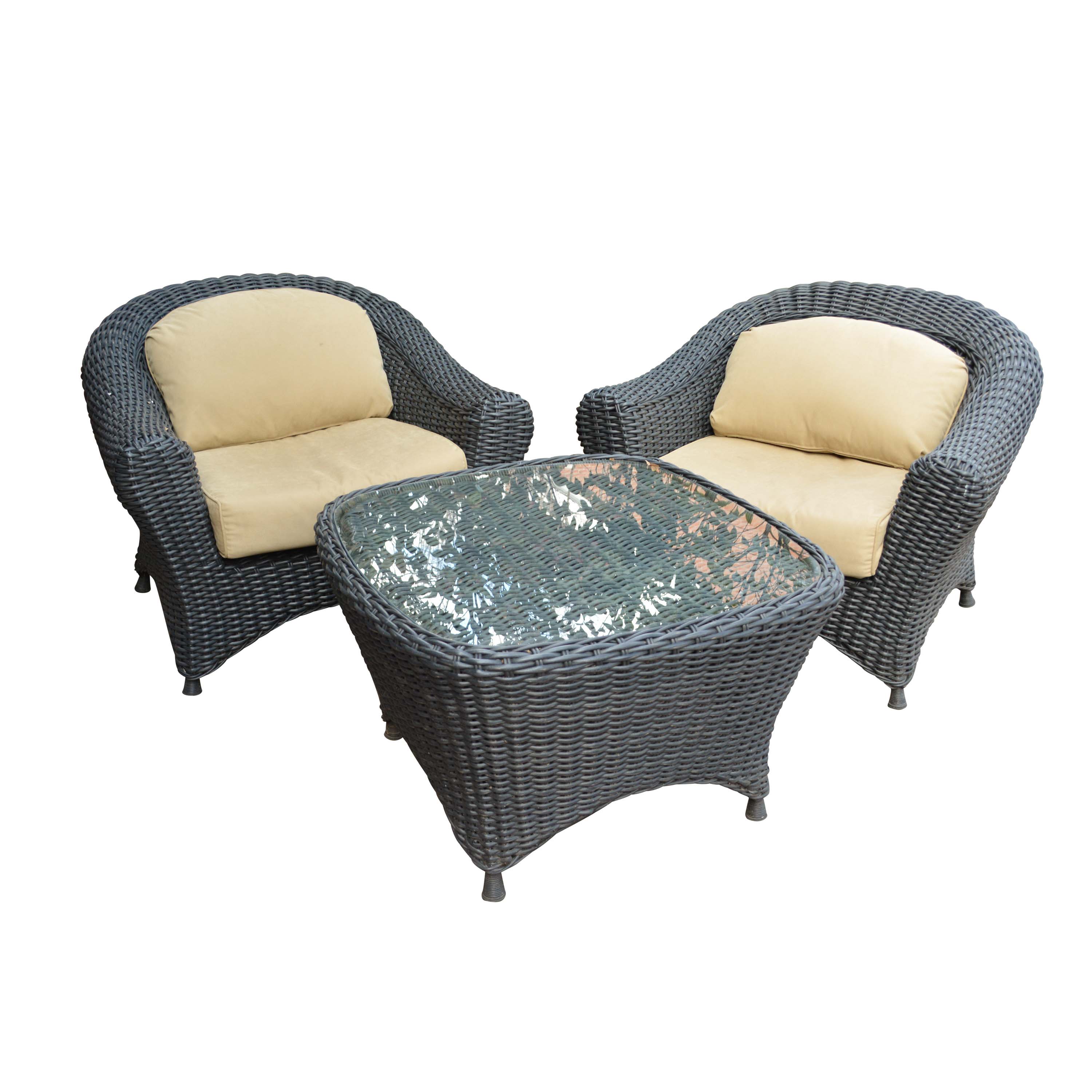 Black Plastic Wicker Armchairs and Glass Top Table