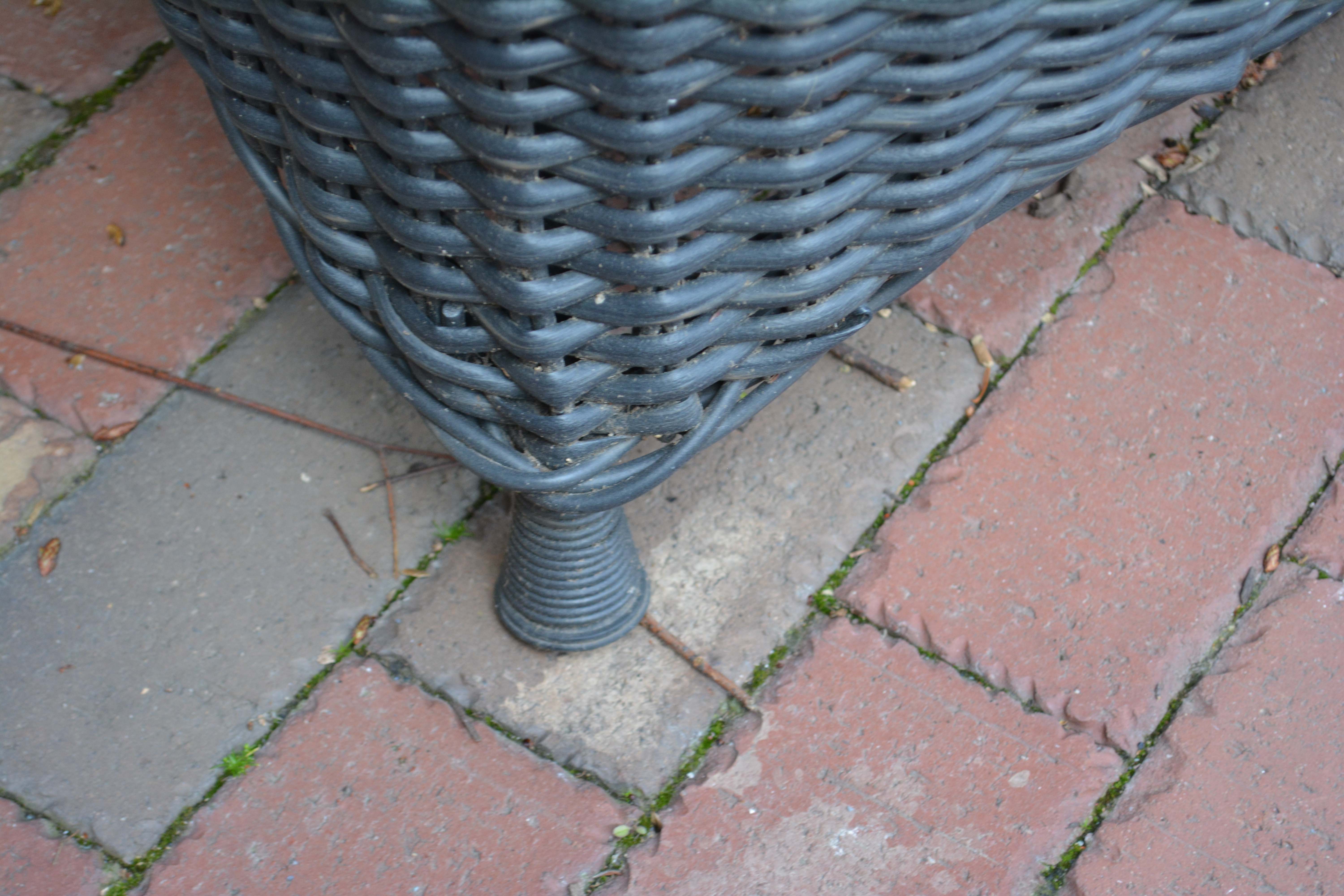 Black Plastic Wicker Armchairs and Glass Top Table