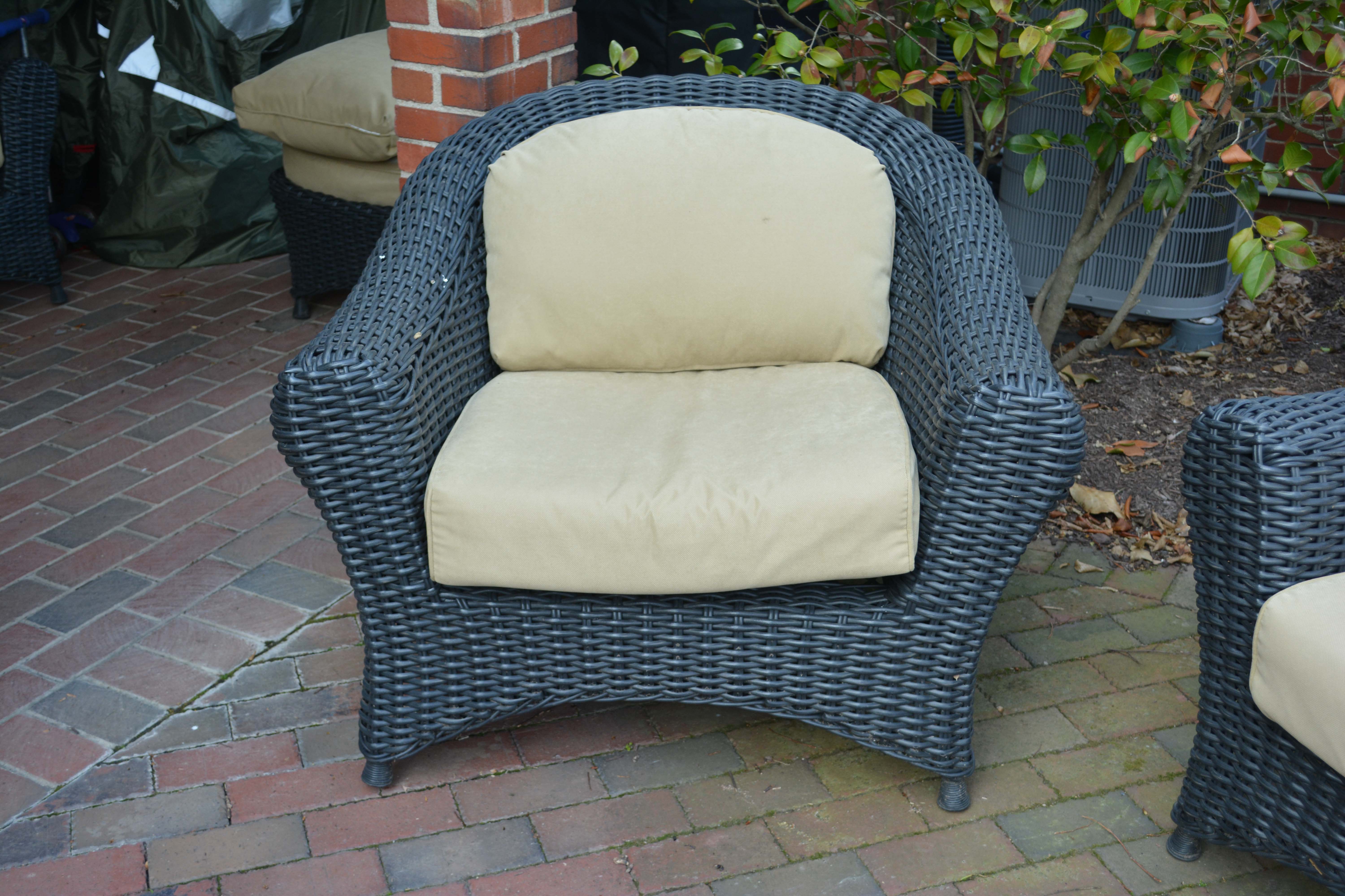Black Plastic Wicker Armchairs and Glass Top Table