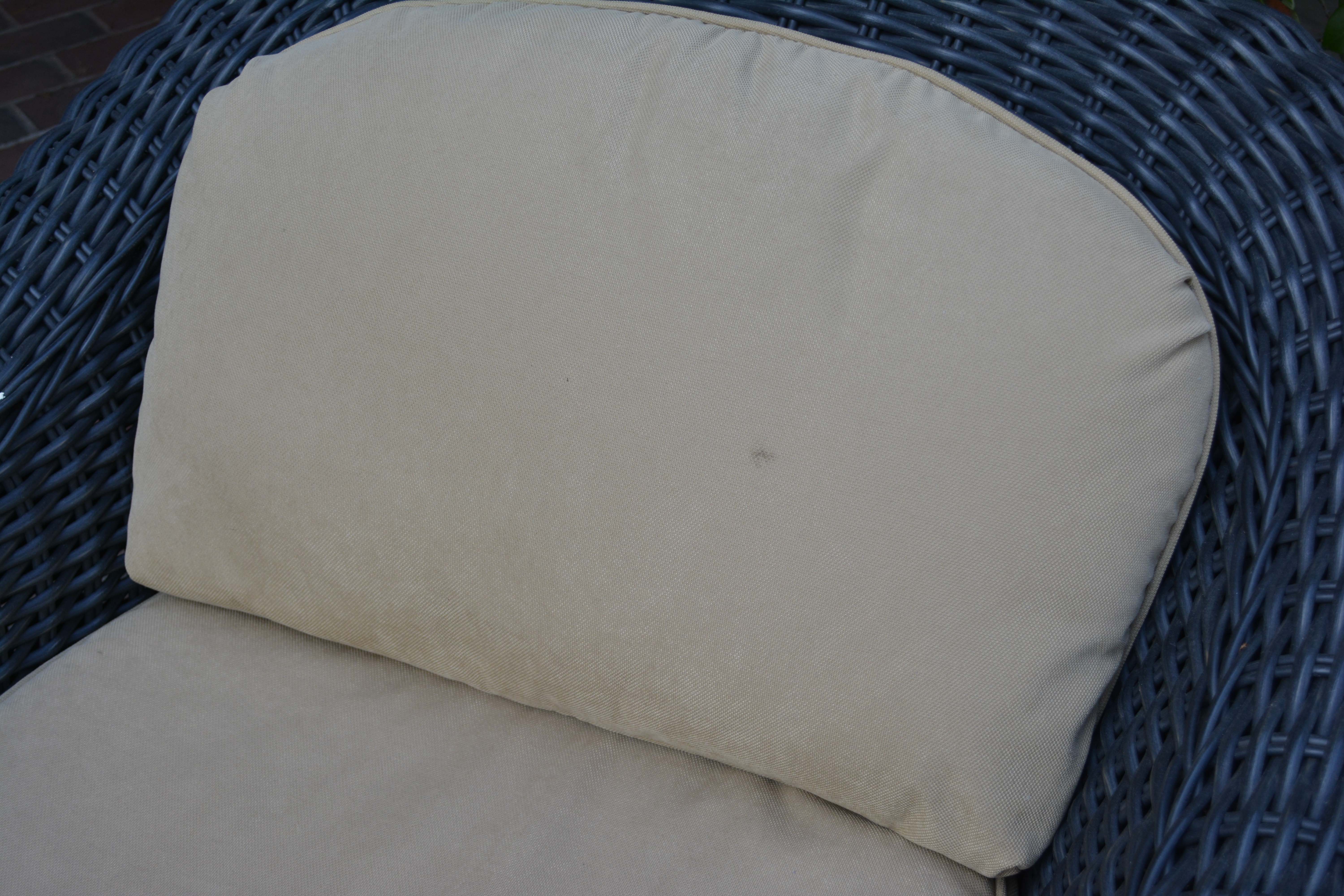 Black Plastic Wicker Armchairs and Glass Top Table