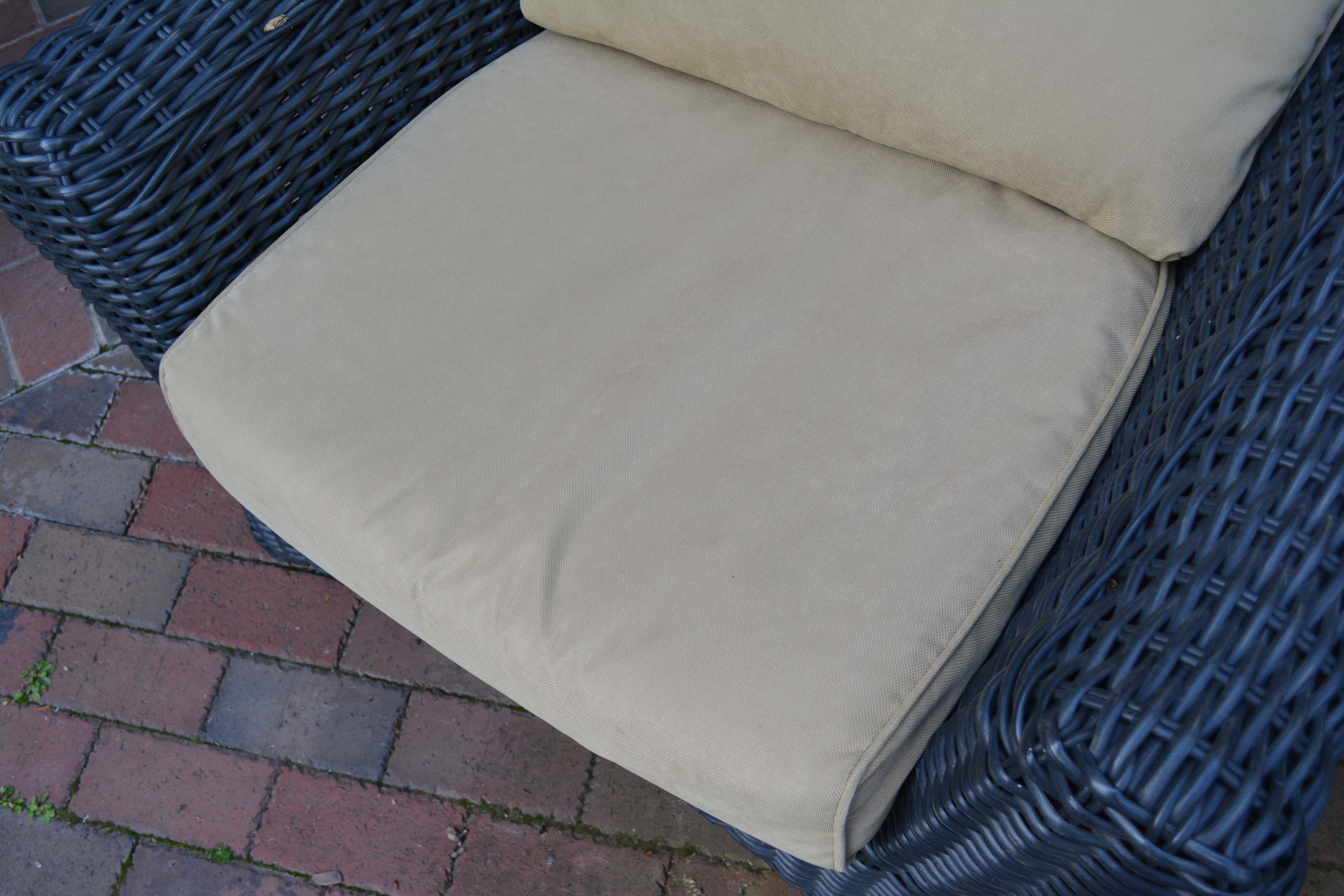 Black Plastic Wicker Armchairs and Glass Top Table