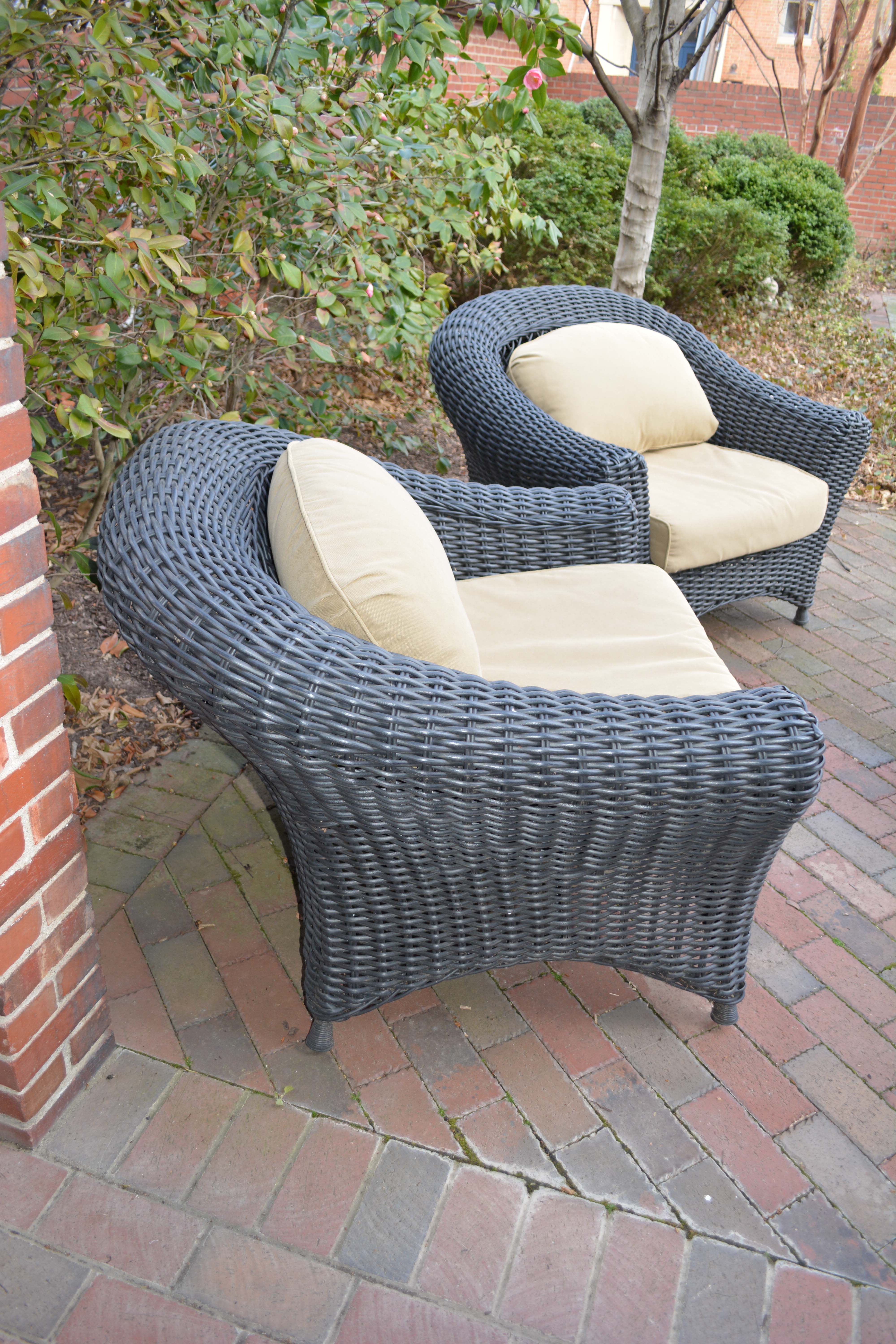 Black Plastic Wicker Armchairs and Glass Top Table