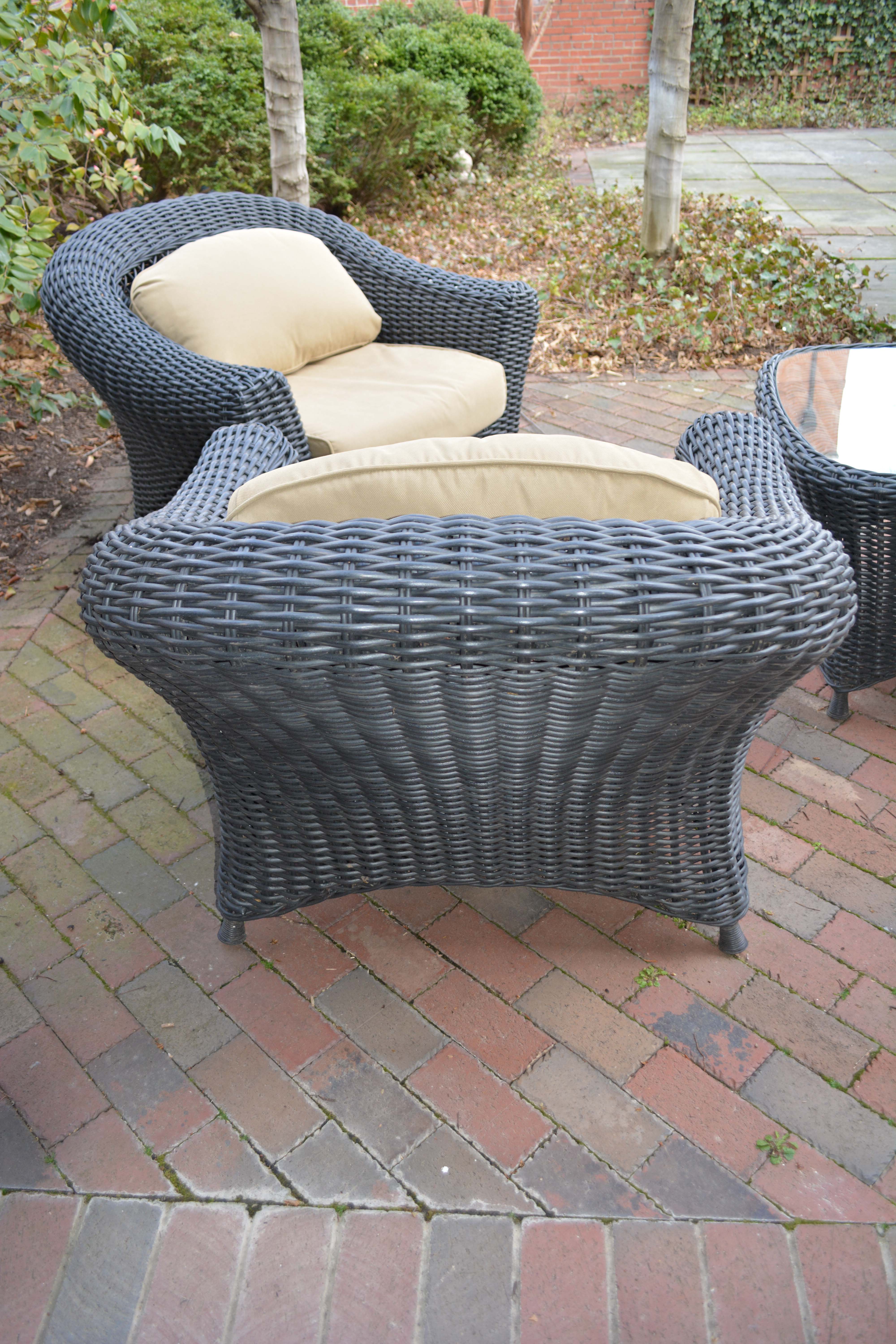 Black Plastic Wicker Armchairs and Glass Top Table