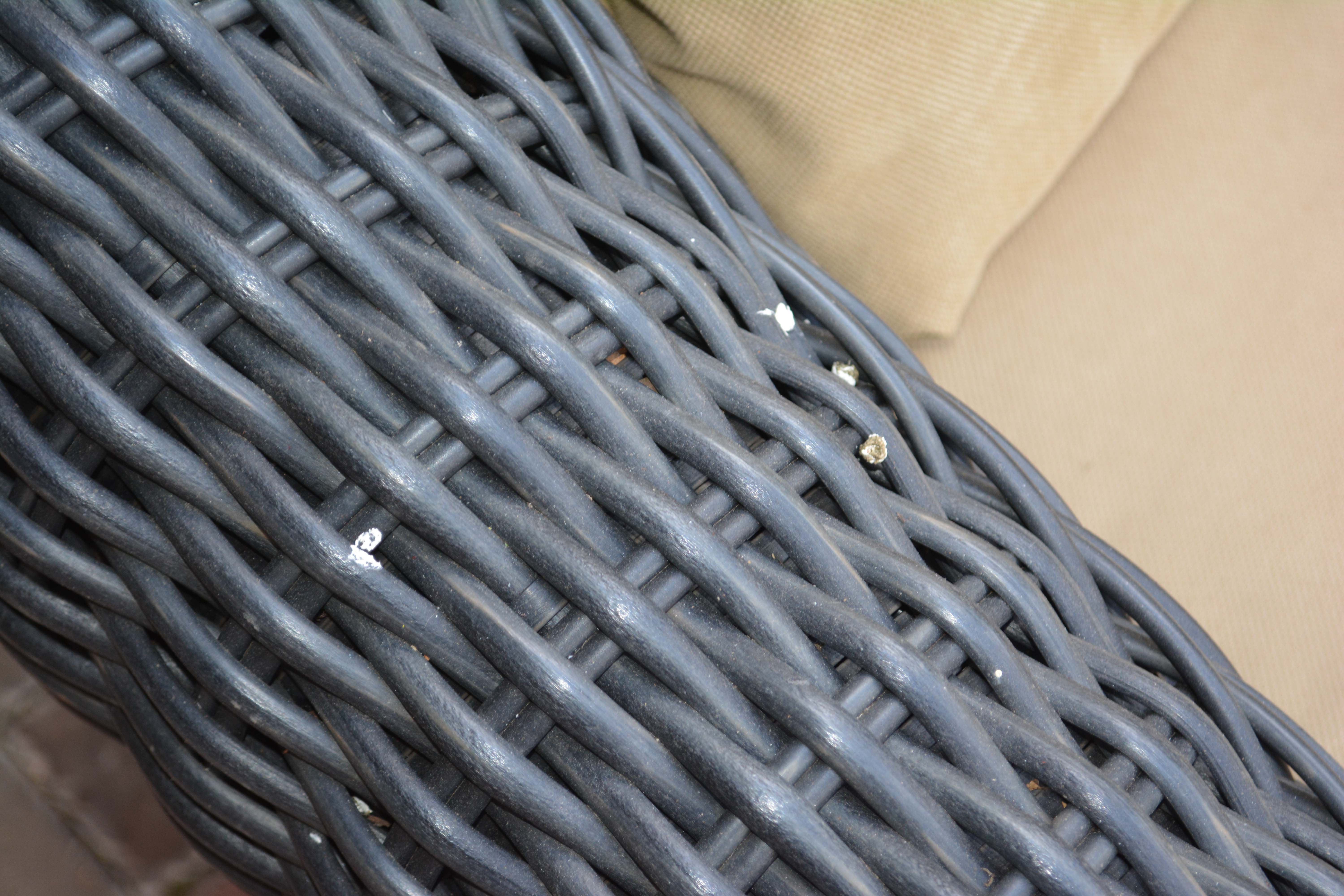 Black Plastic Wicker Armchairs and Glass Top Table