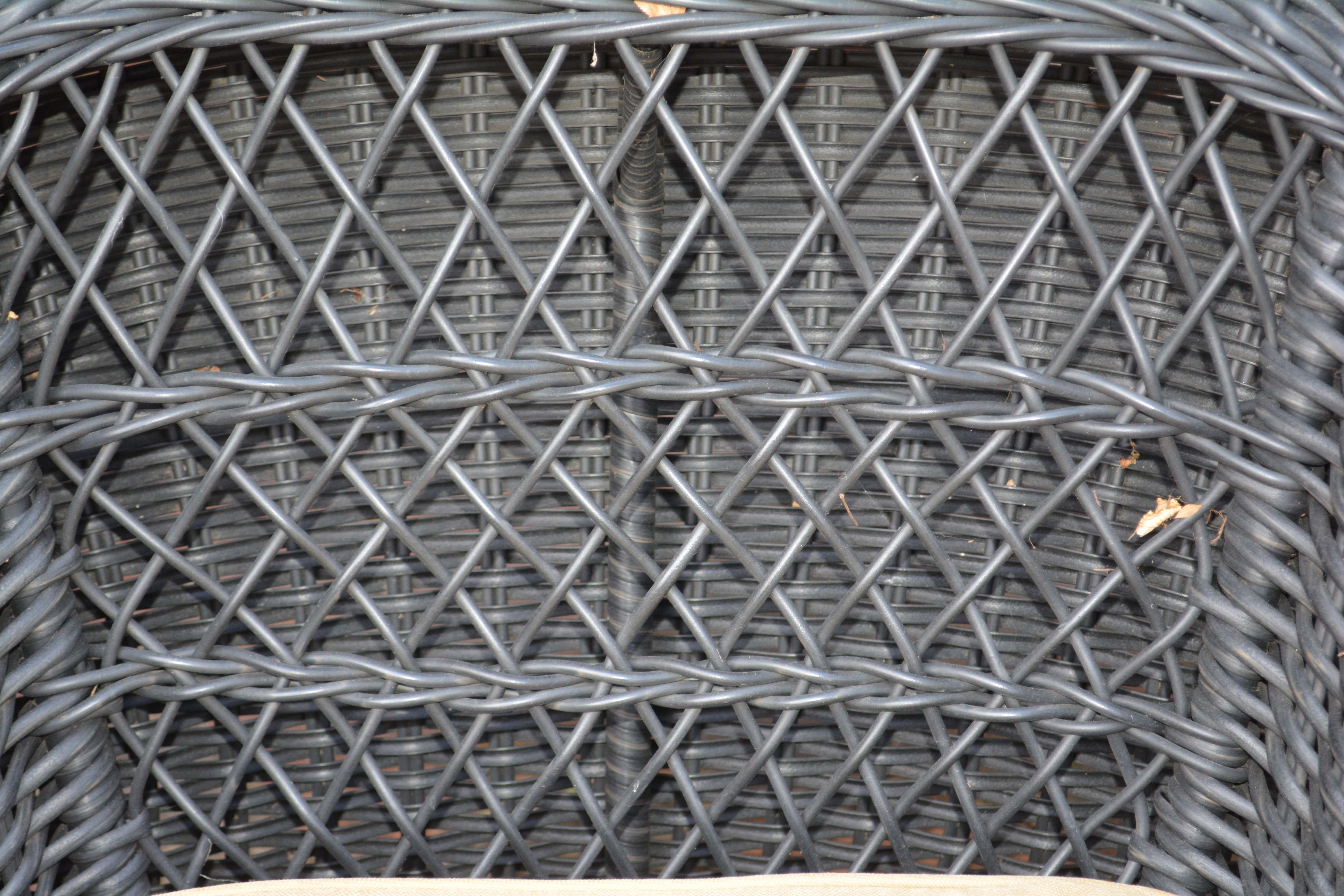 Black Plastic Wicker Armchairs and Glass Top Table