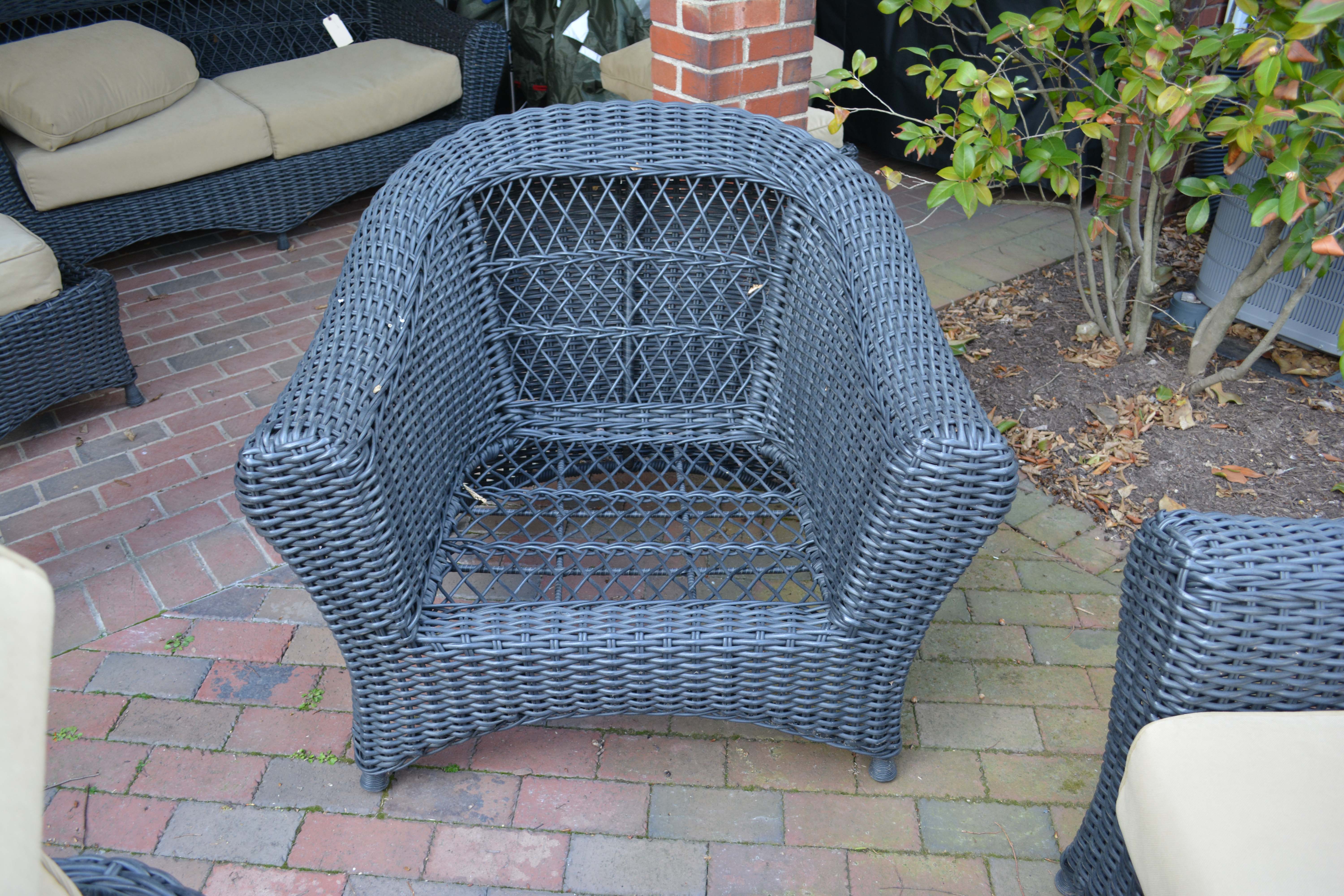 Black Plastic Wicker Armchairs and Glass Top Table