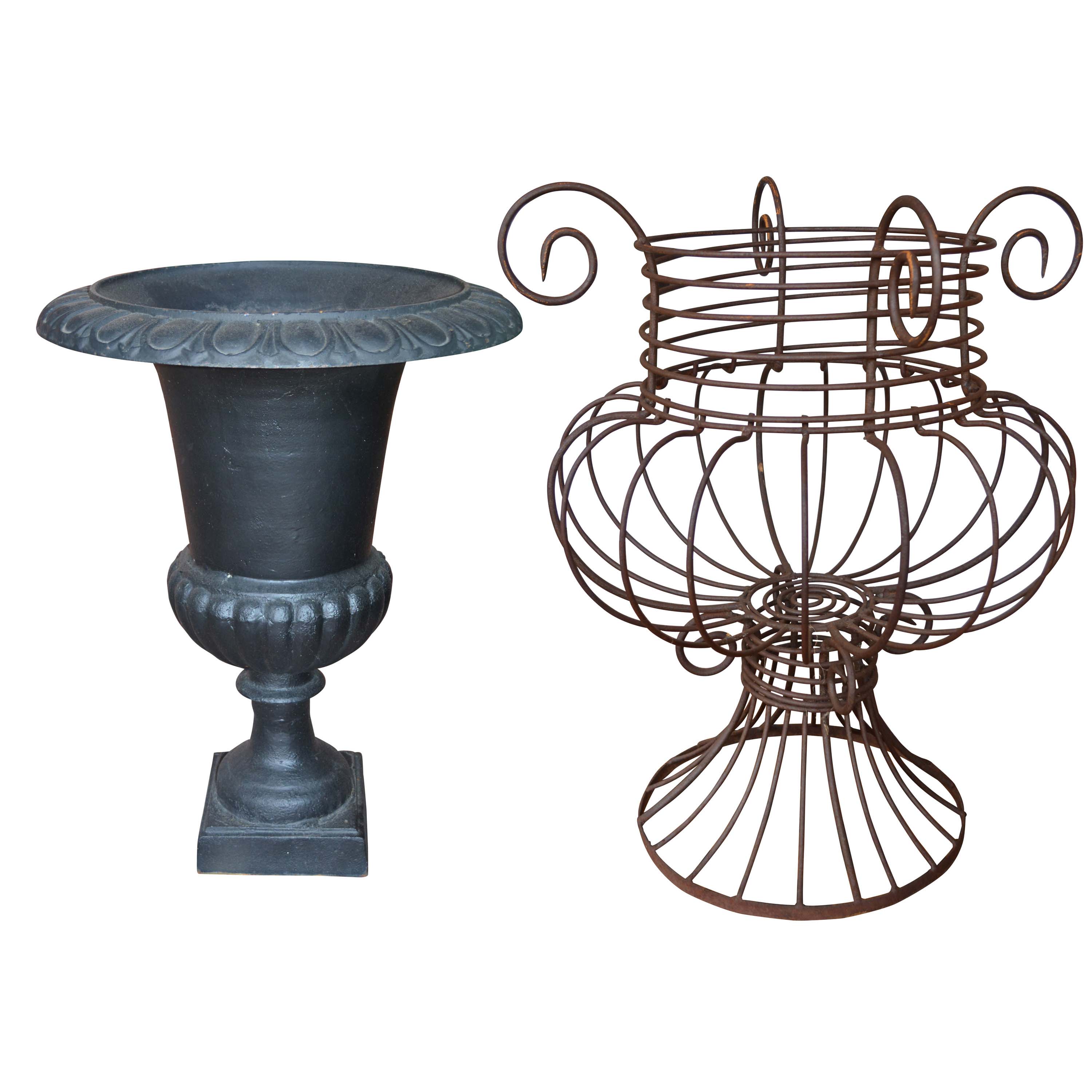 Cast Iron Urn Planter and Wire Metal Planter
