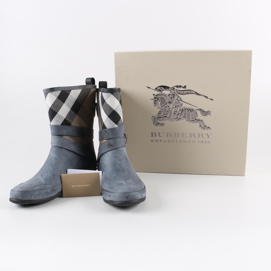 Women's Burberry Holloway Mid Buckle Canvas Check Rubber Boots