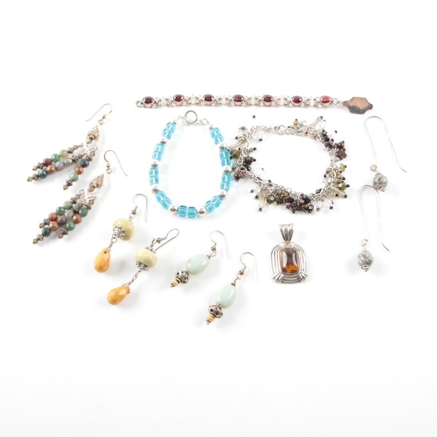 Sterling Silver Jewelry Selection Including Jasper, Agate, and Rhodolite Garnet