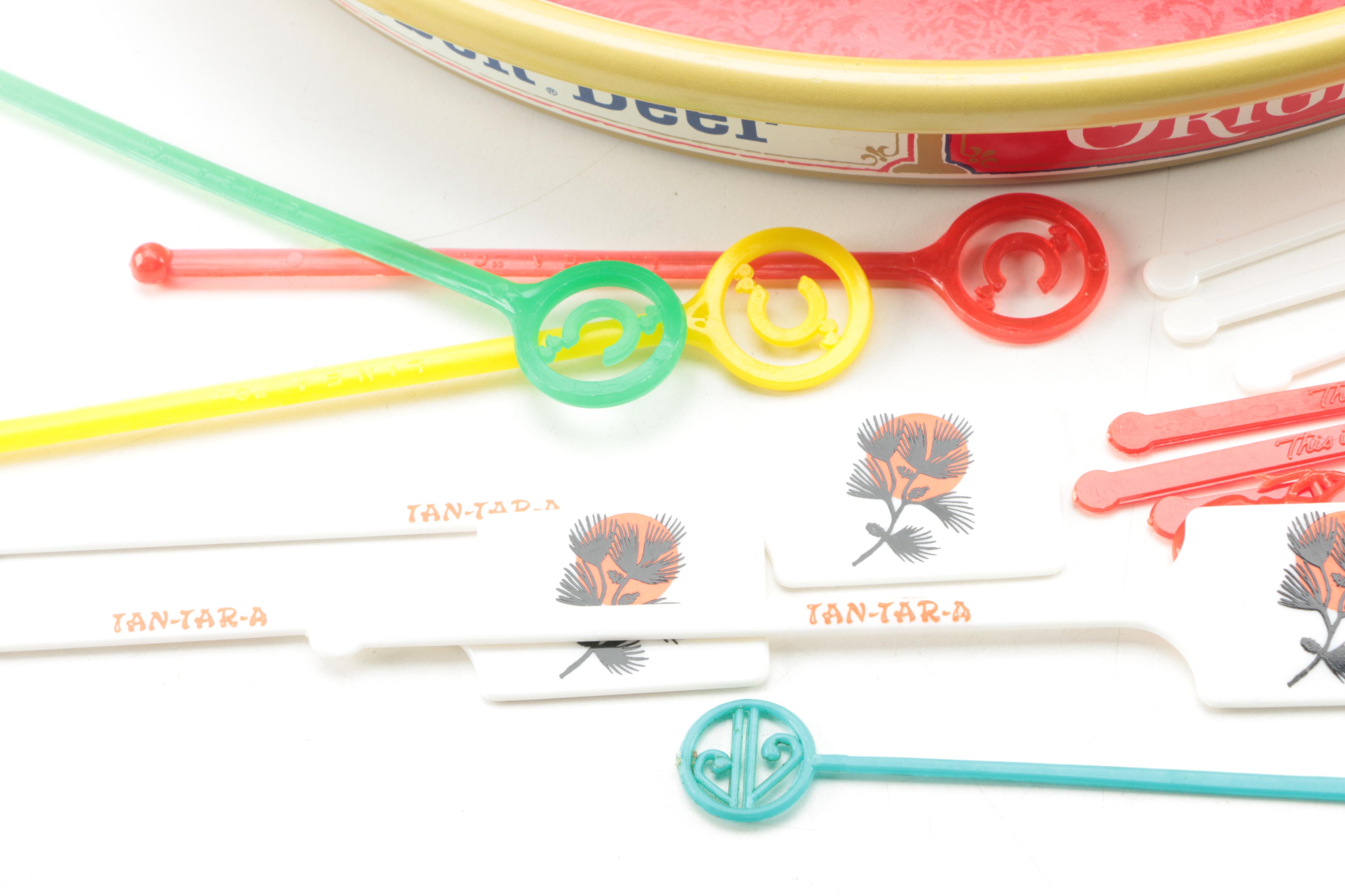 Vintage Metal Bar Trays with Mug and Swizzle Sticks