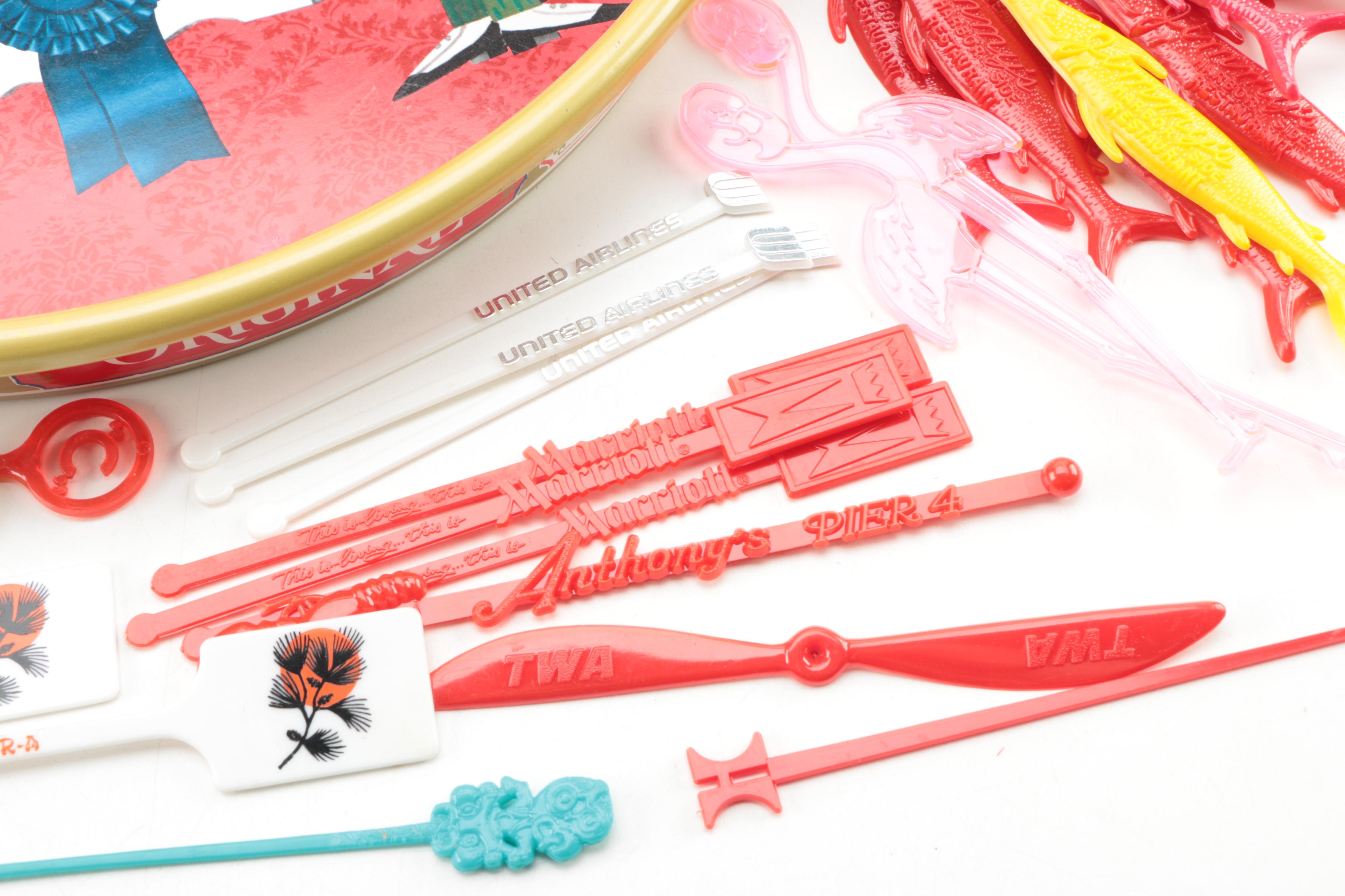 Vintage Metal Bar Trays with Mug and Swizzle Sticks