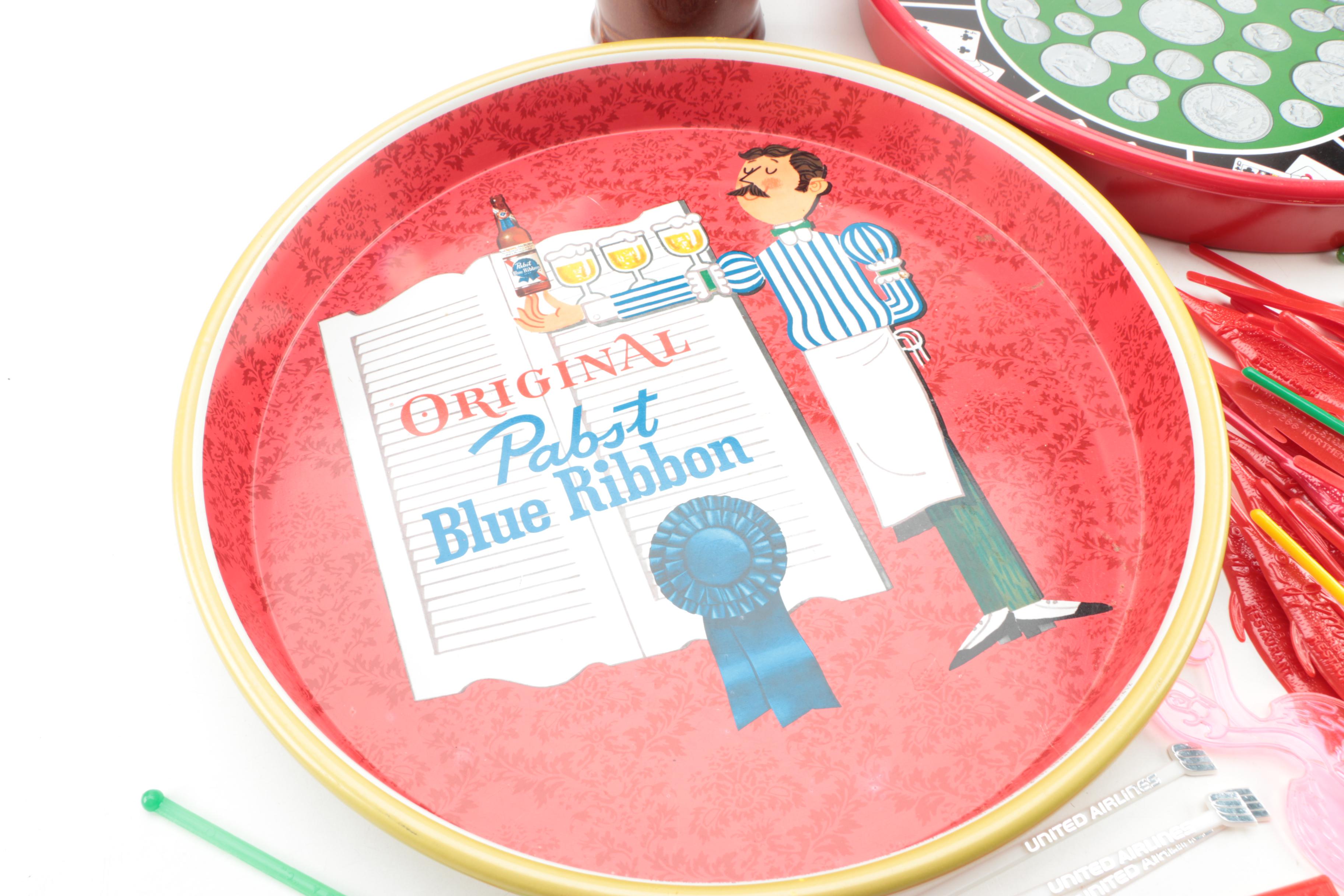 Vintage Metal Bar Trays with Mug and Swizzle Sticks