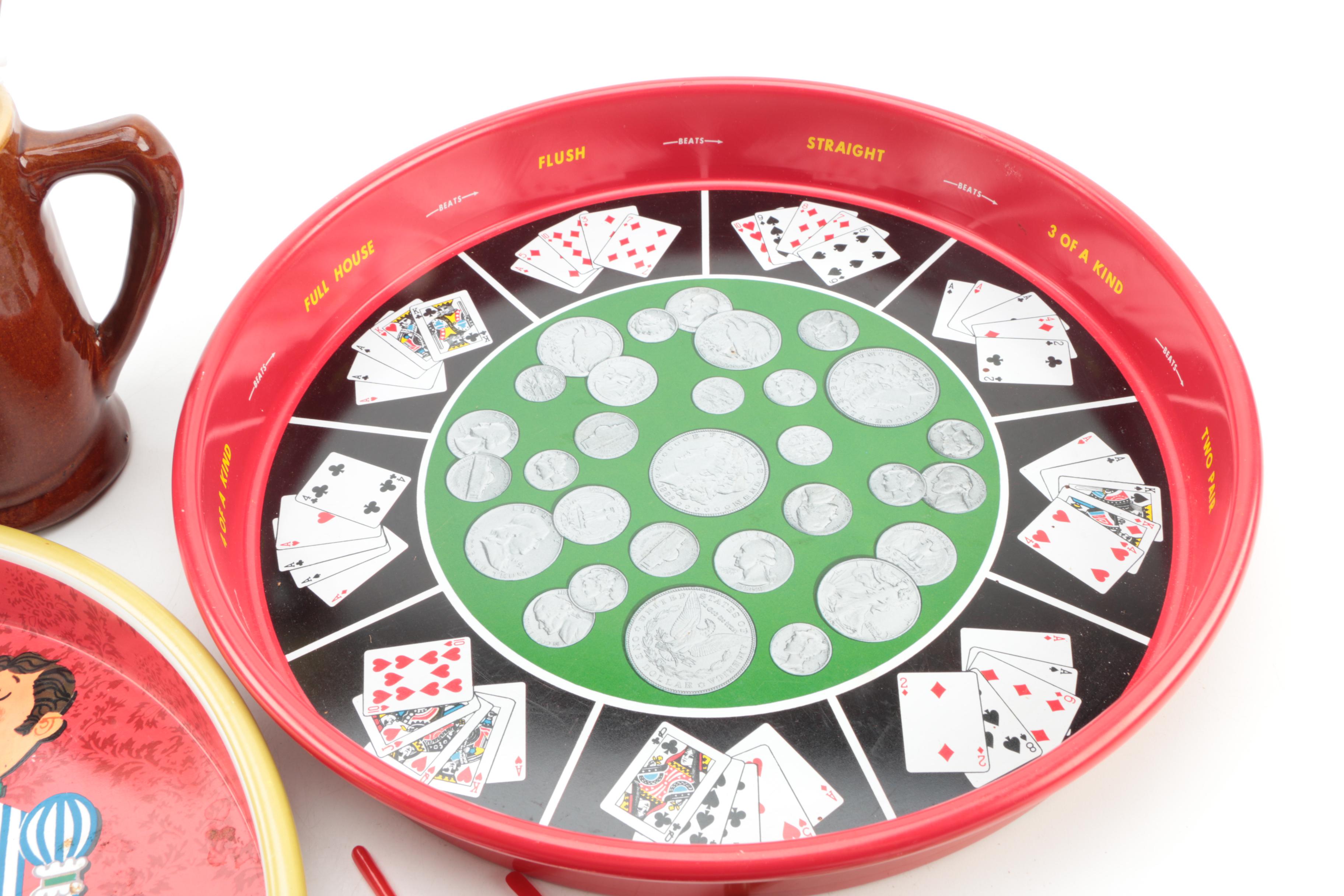 Vintage Metal Bar Trays with Mug and Swizzle Sticks