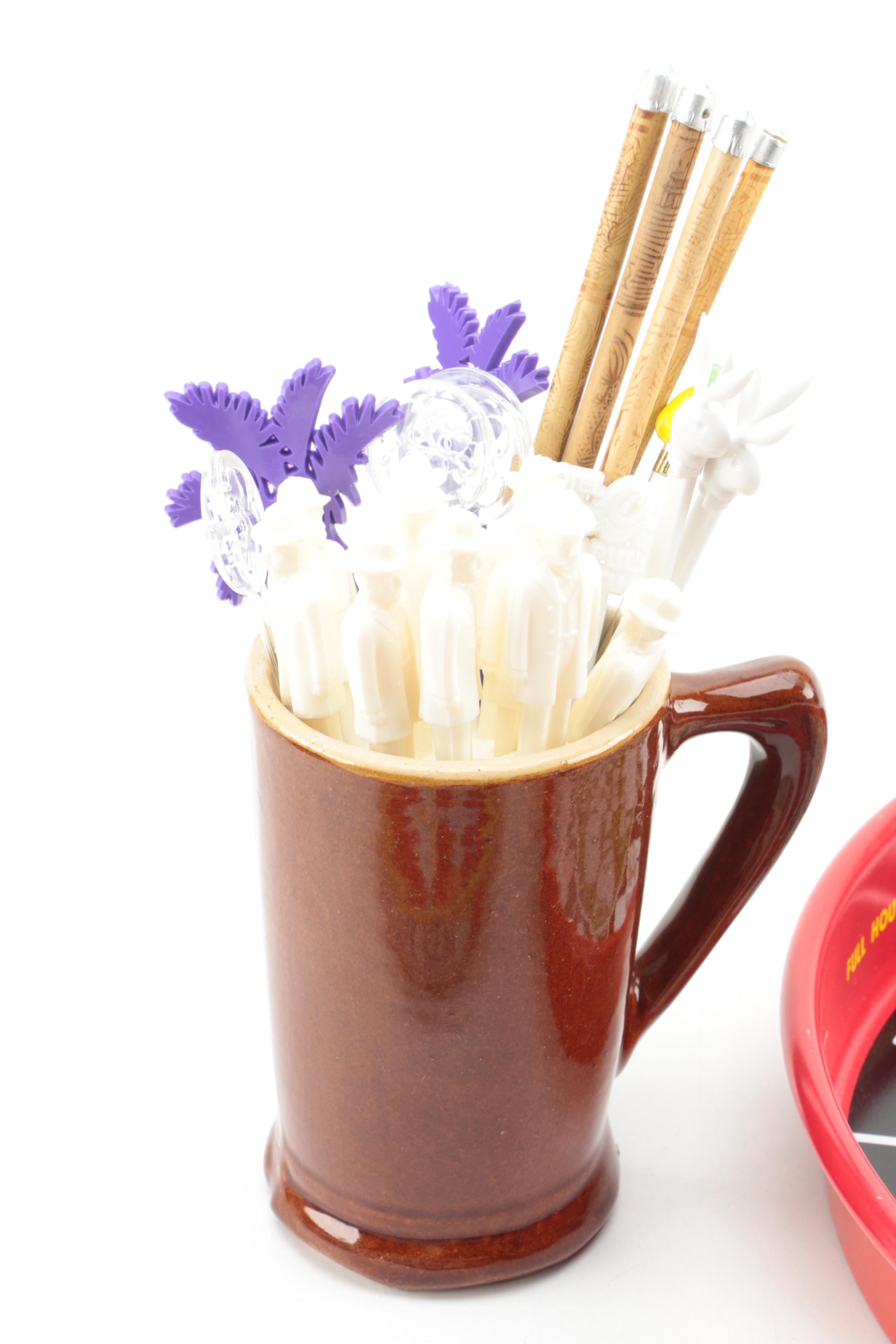 Vintage Metal Bar Trays with Mug and Swizzle Sticks