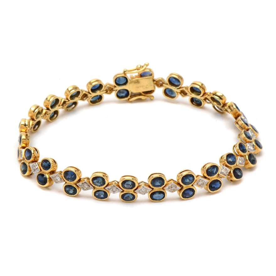 18K Yellow Gold Blue Sapphire and Diamond Linked Bracelet