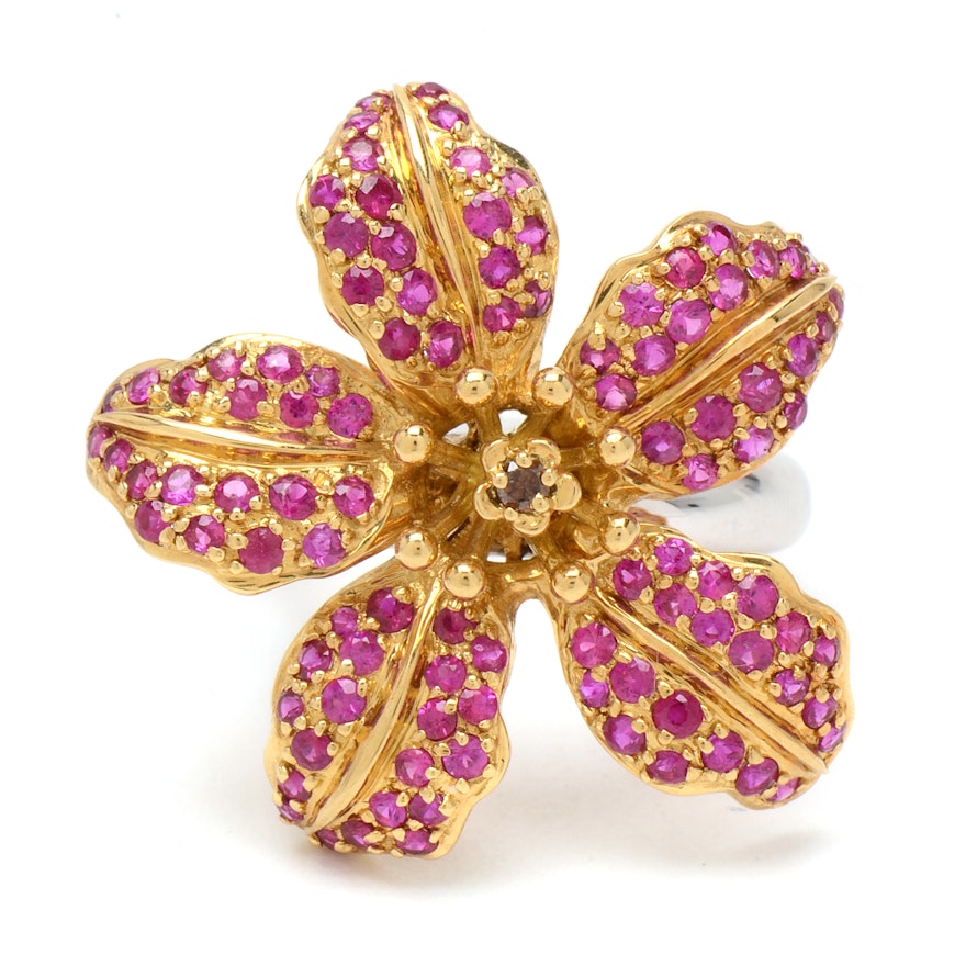 Samuel Benham 18K Yellow and White Gold Diamond and Ruby Lily Ring