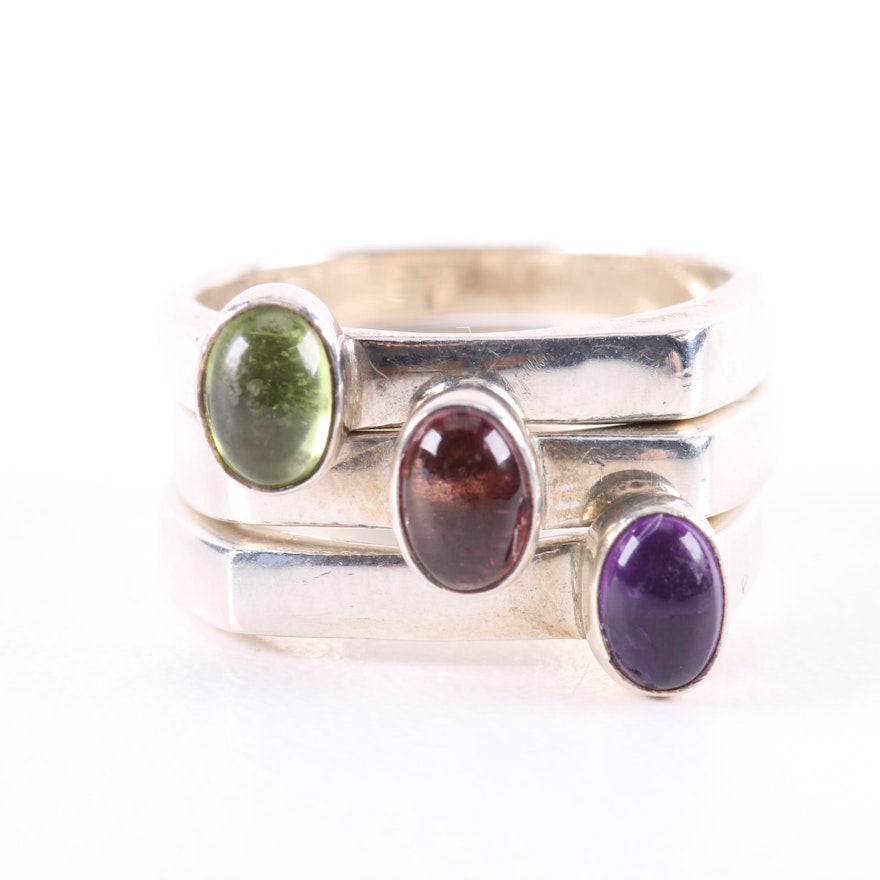 Sterling Silver Stacking Ring Selection Including Peridot and Amethyst