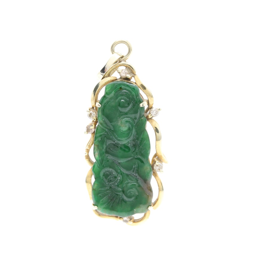 14K Yellow Gold Carved Jadeite and Diamond Pendant