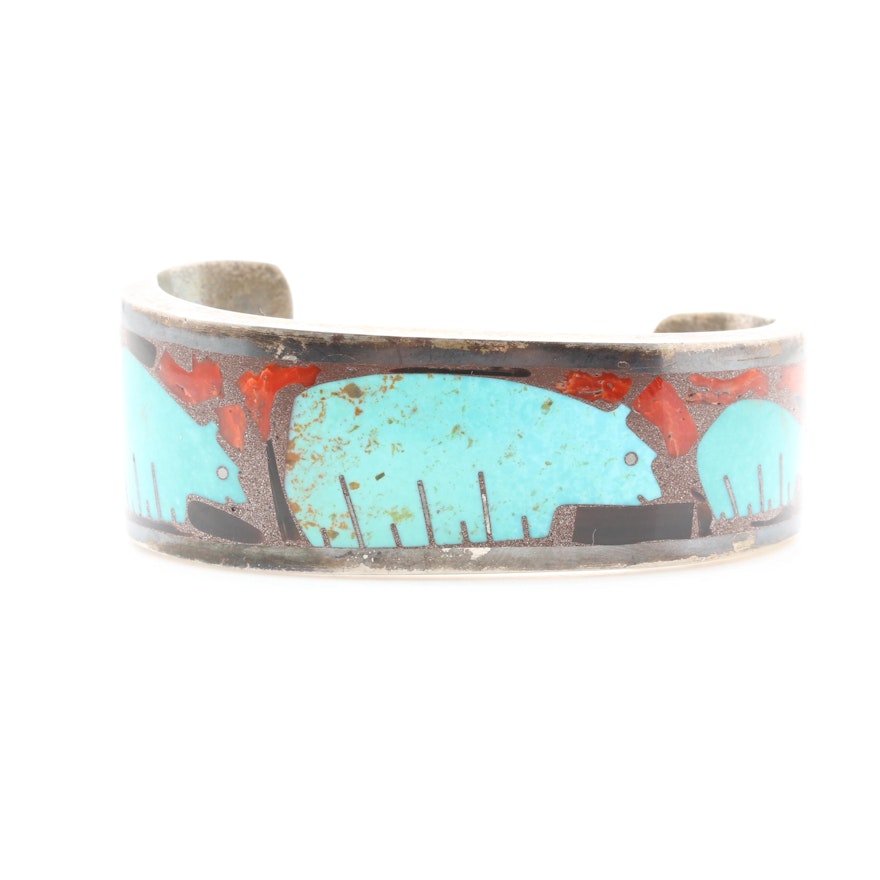 Southwestern Style Sterling Silver Turquoise, Coral, and Shell Inlay Bracelet