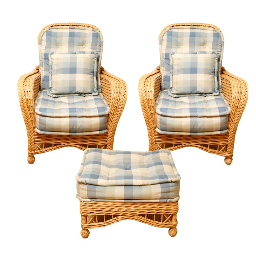 Wicker Patio Armchairs with Cushions and Ottoman