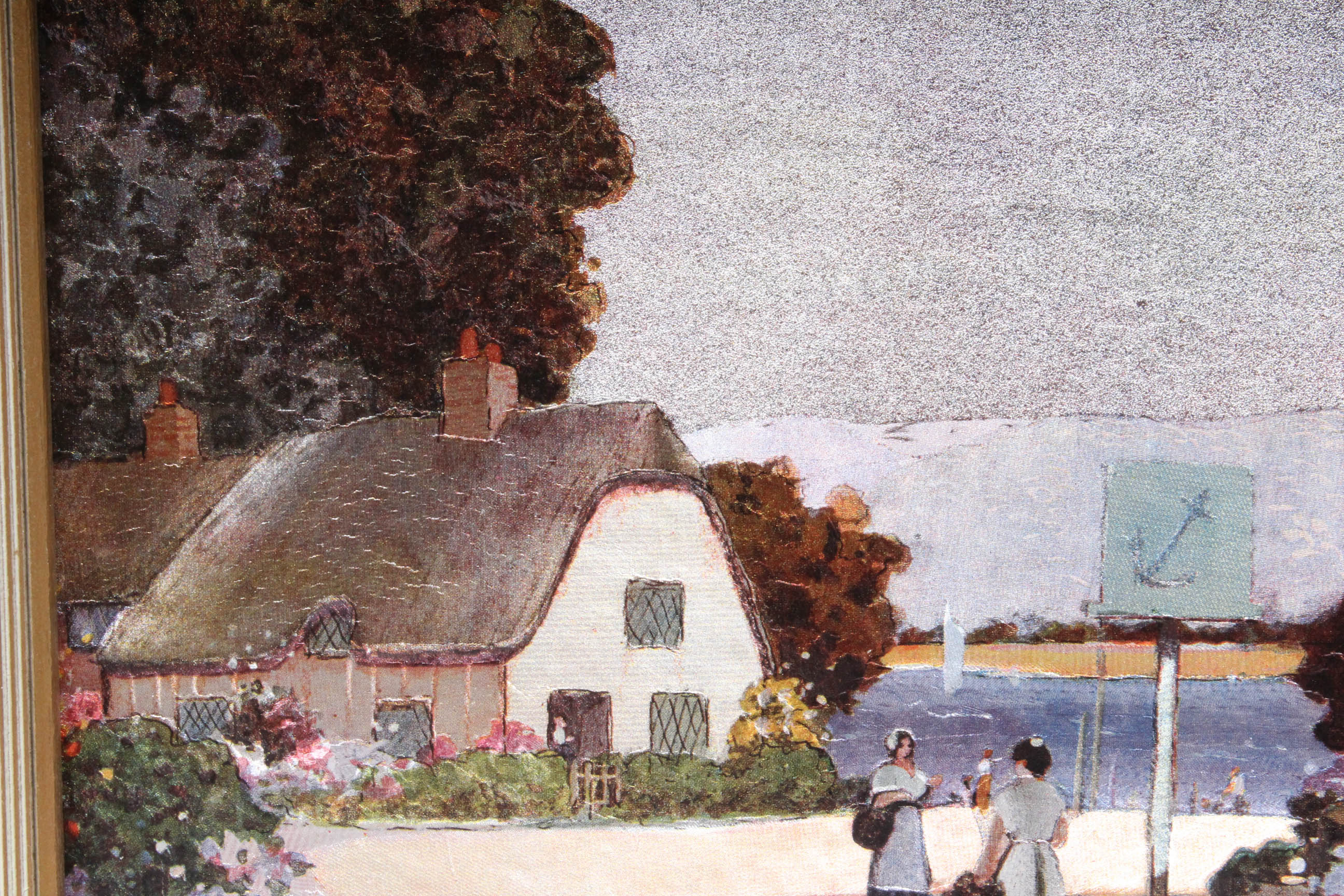 Circa 1950s Franklin Picture Company Village Scene Foil Offset Lithograph