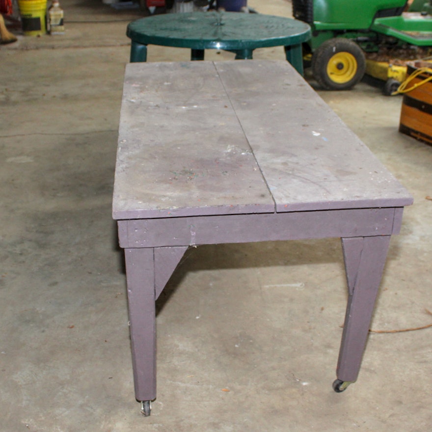 Rectangular Work Table on Casters and Plastic Outdoor Table