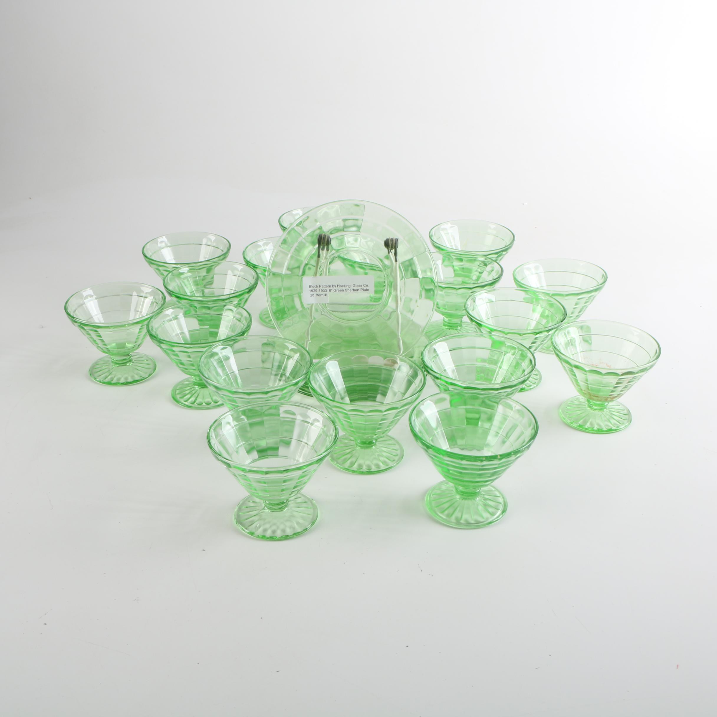 Anchor Hocking "Block Optic" Green Sherbet Cups and Plates