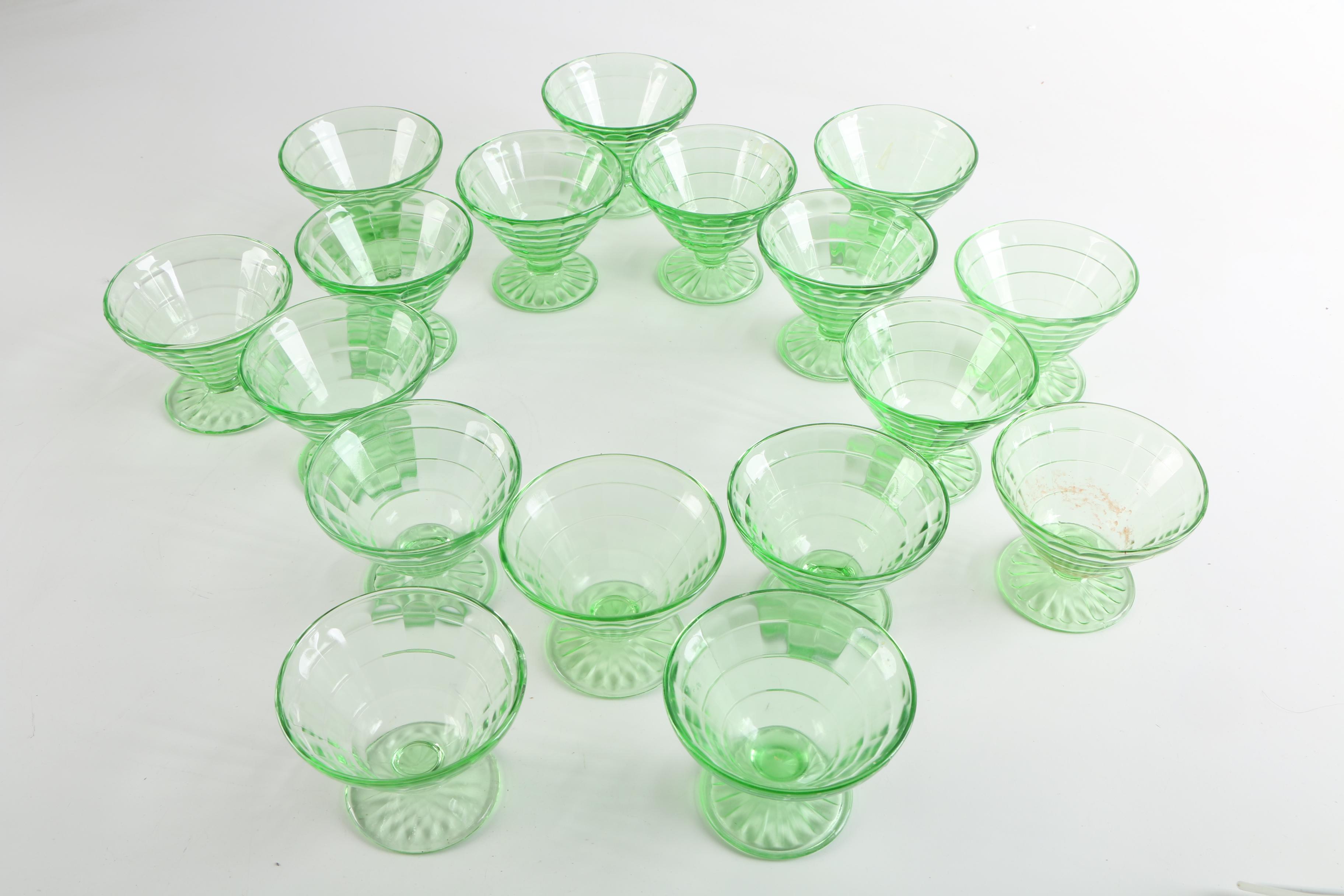 Anchor Hocking "Block Optic" Green Sherbet Cups and Plates
