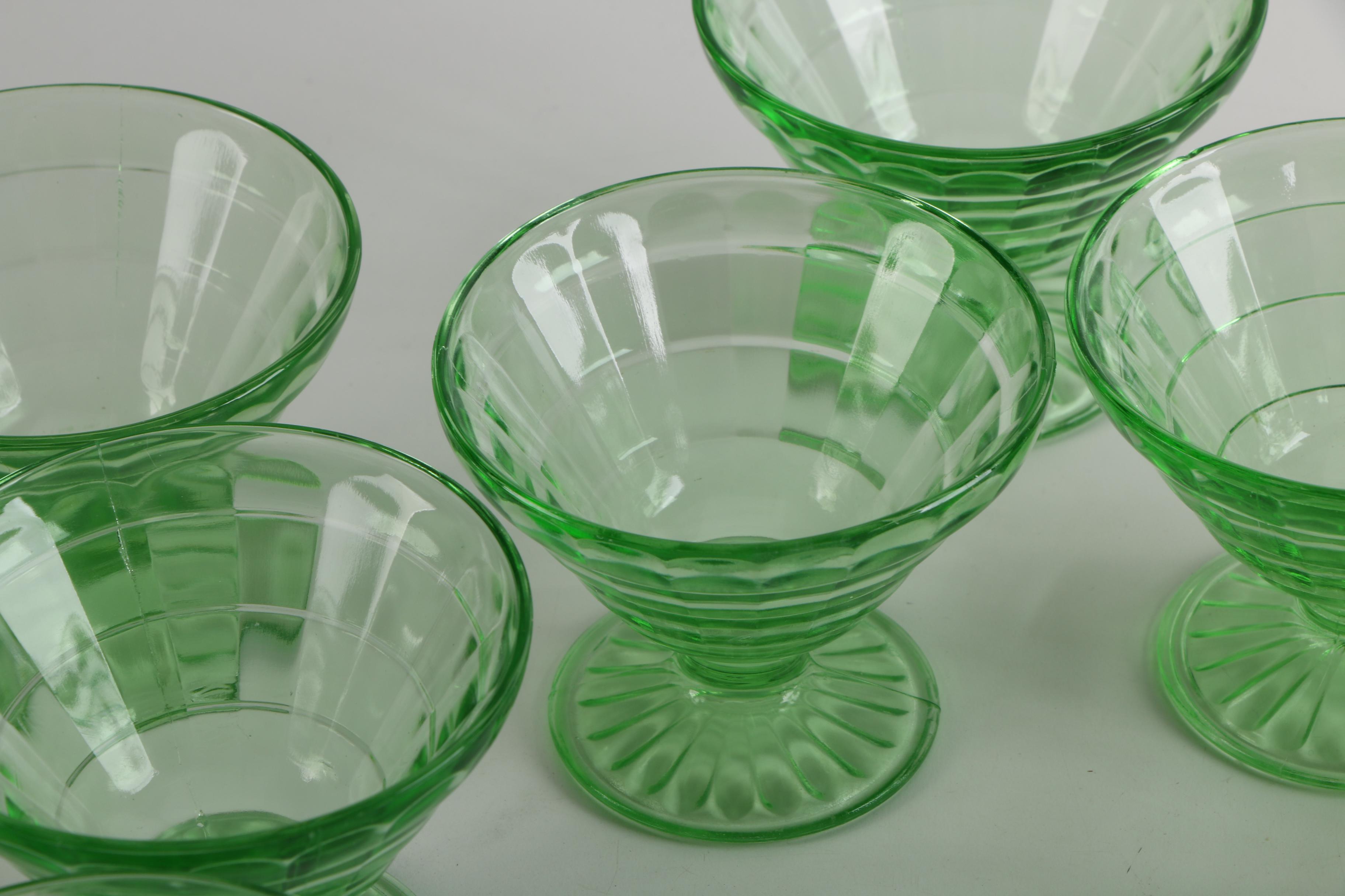 Anchor Hocking "Block Optic" Green Sherbet Cups and Plates