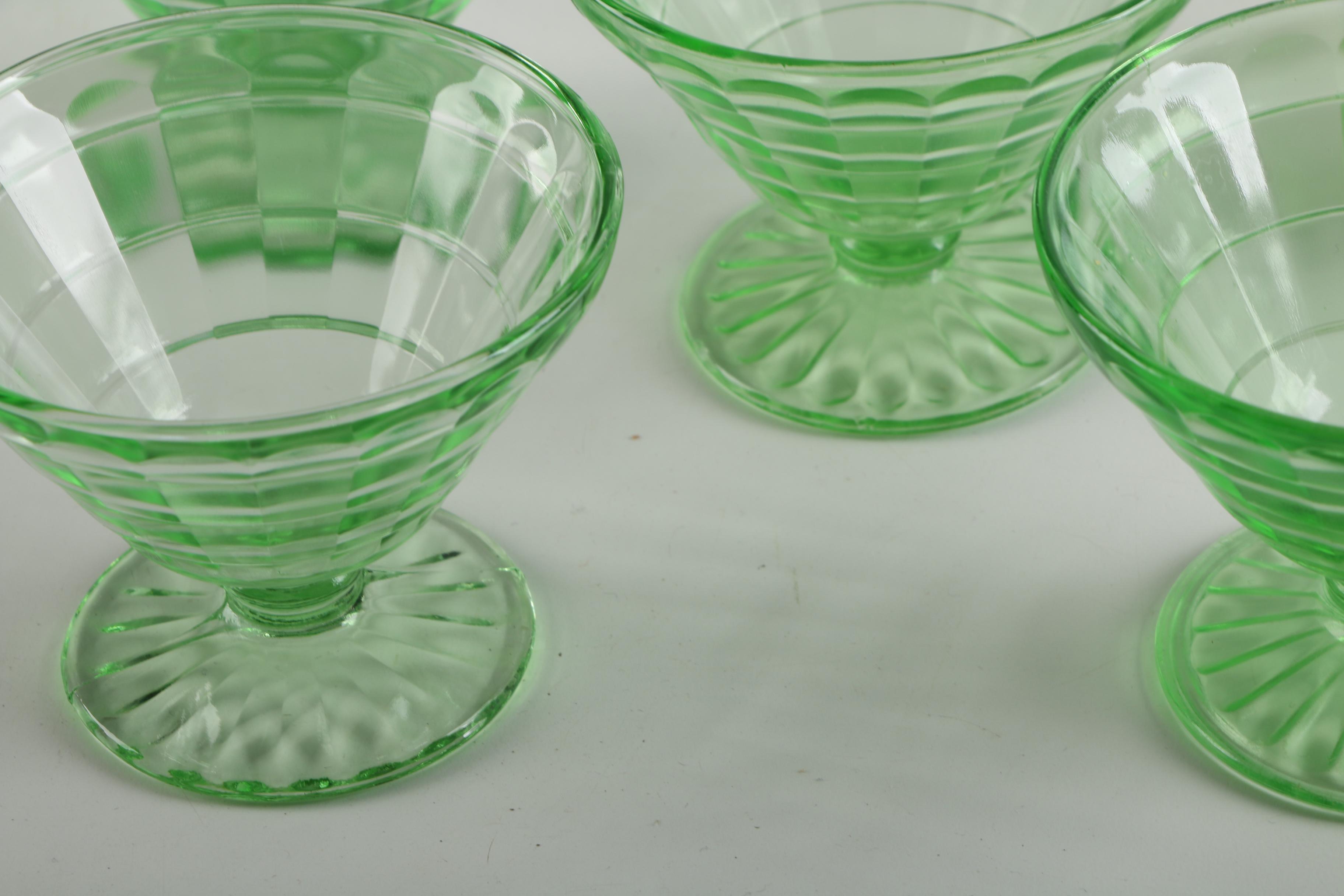 Anchor Hocking "Block Optic" Green Sherbet Cups and Plates