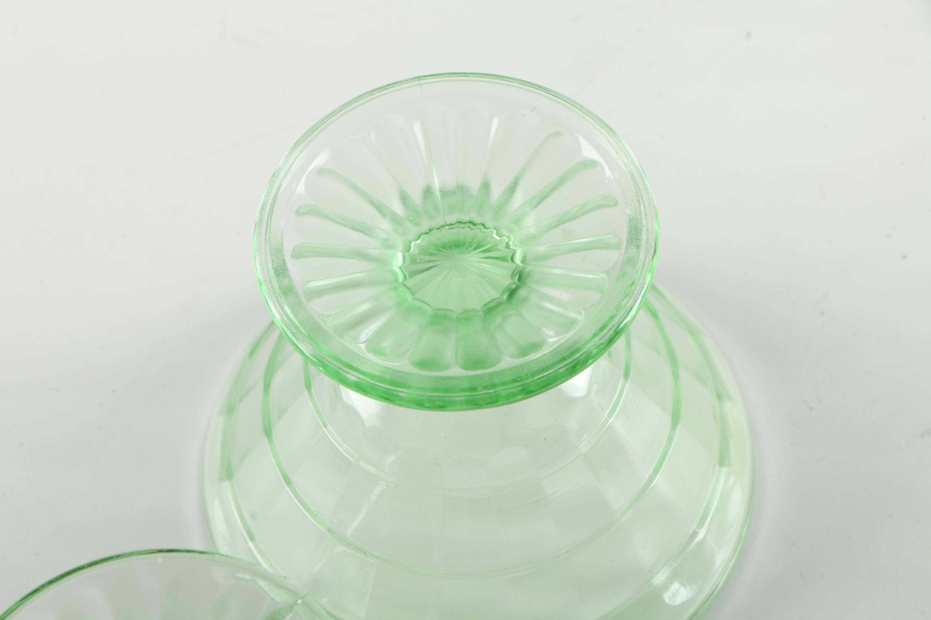 Anchor Hocking "Block Optic" Green Sherbet Cups and Plates