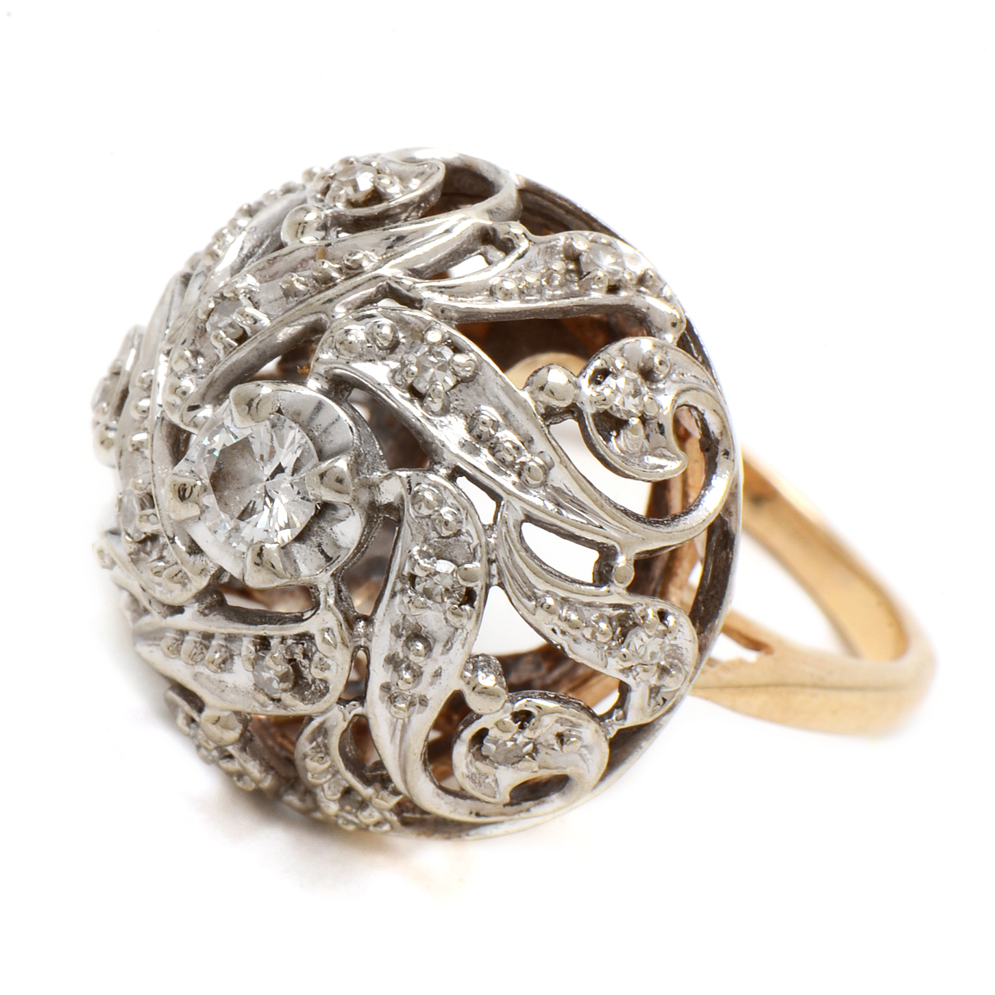 Retro Modern 14K Yellow Gold Diamond Pierced Dome Cocktail Ring