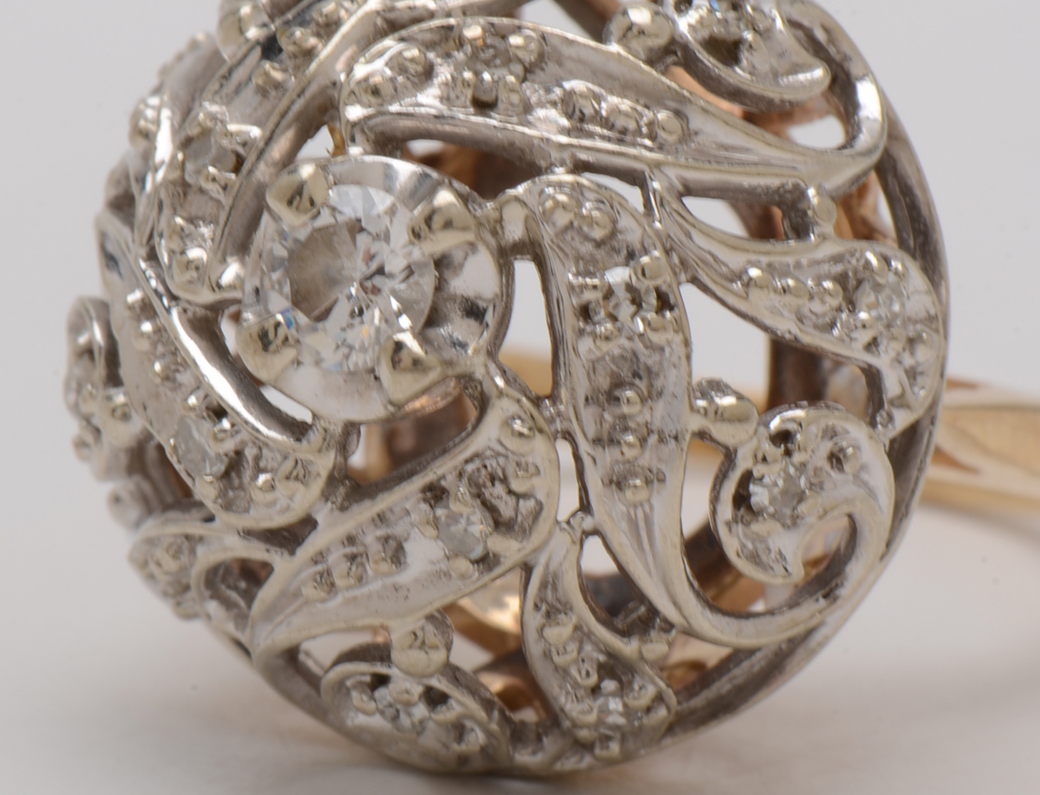 Retro Modern 14K Yellow Gold Diamond Pierced Dome Cocktail Ring