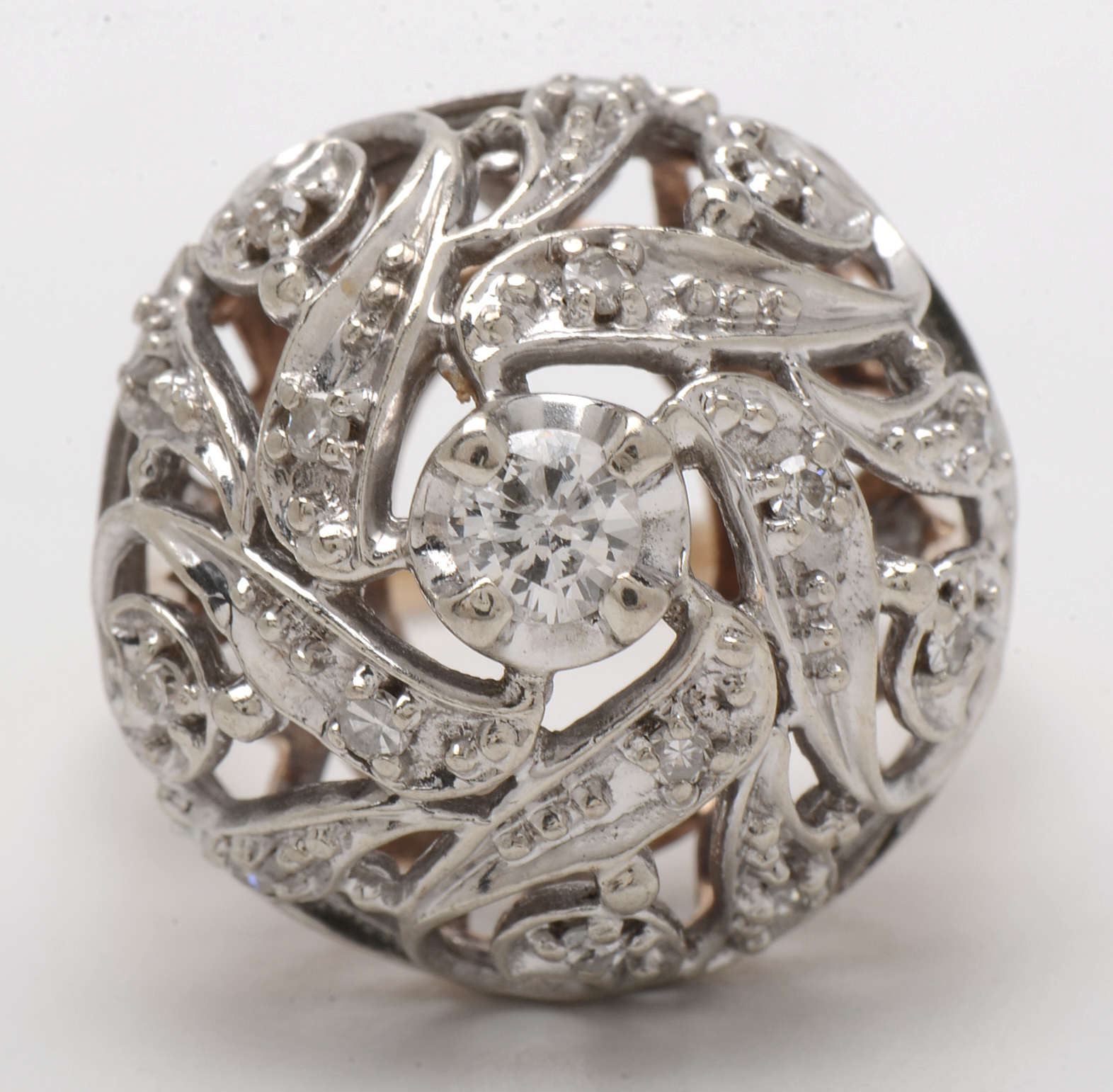 Retro Modern 14K Yellow Gold Diamond Pierced Dome Cocktail Ring