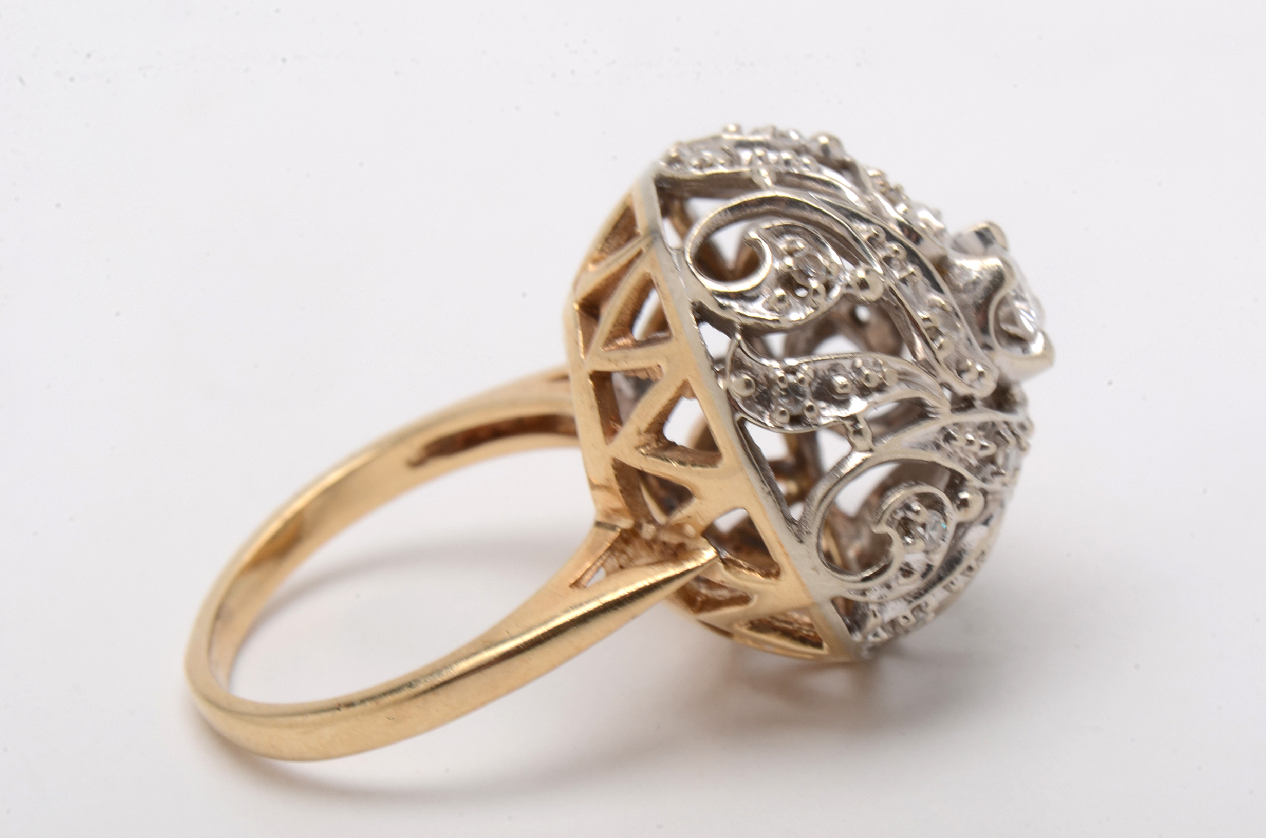 Retro Modern 14K Yellow Gold Diamond Pierced Dome Cocktail Ring