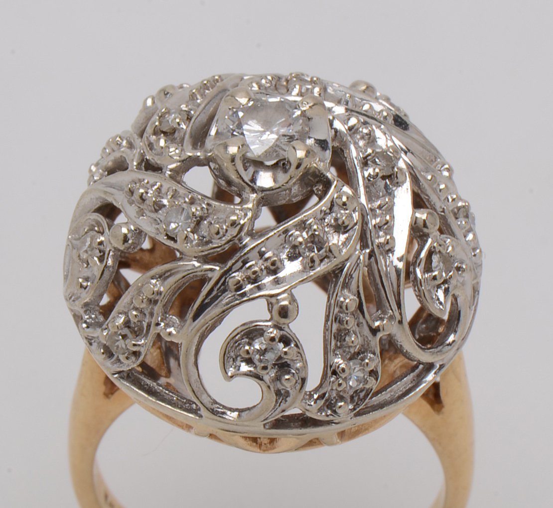 Retro Modern 14K Yellow Gold Diamond Pierced Dome Cocktail Ring