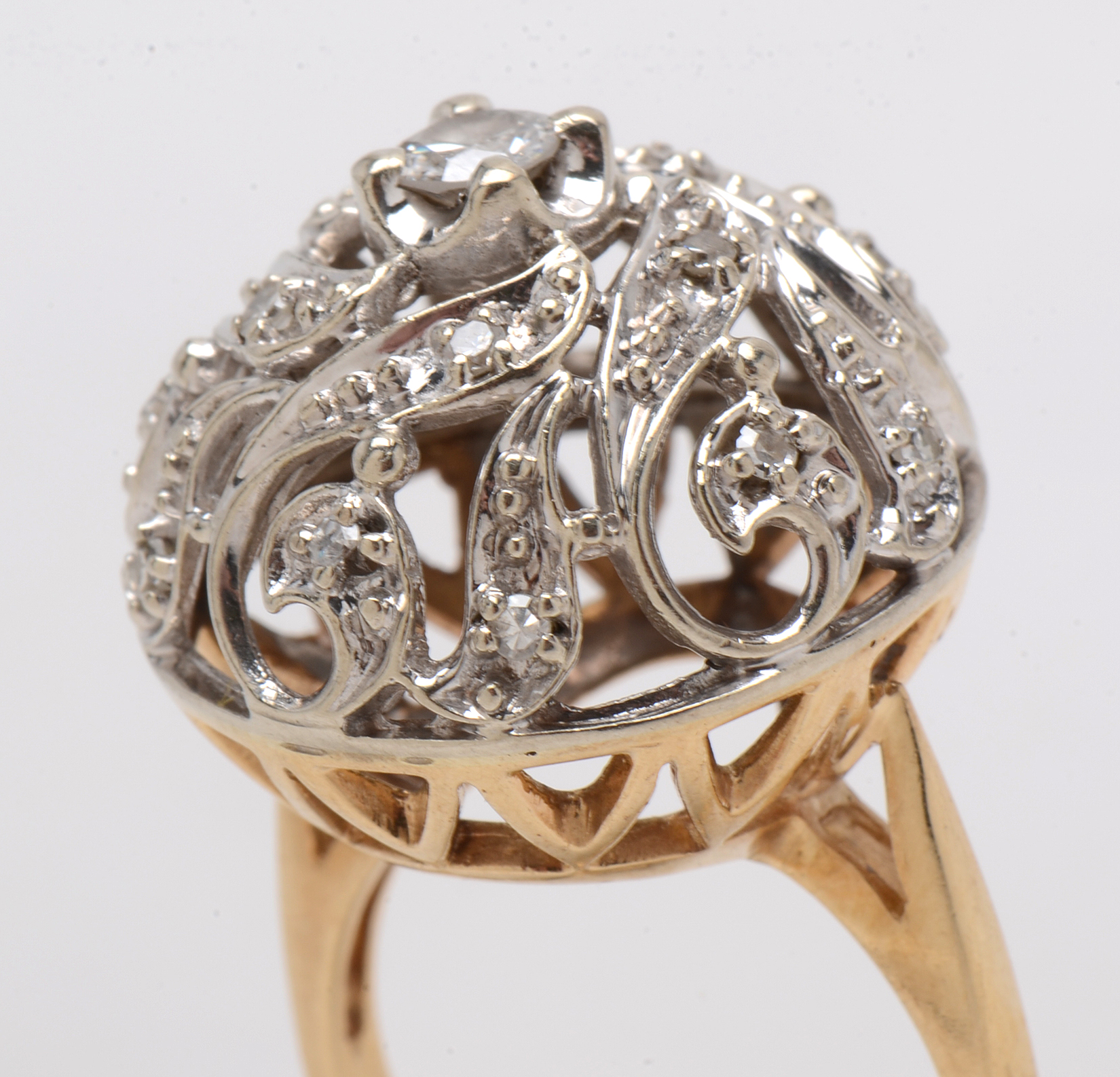 Retro Modern 14K Yellow Gold Diamond Pierced Dome Cocktail Ring